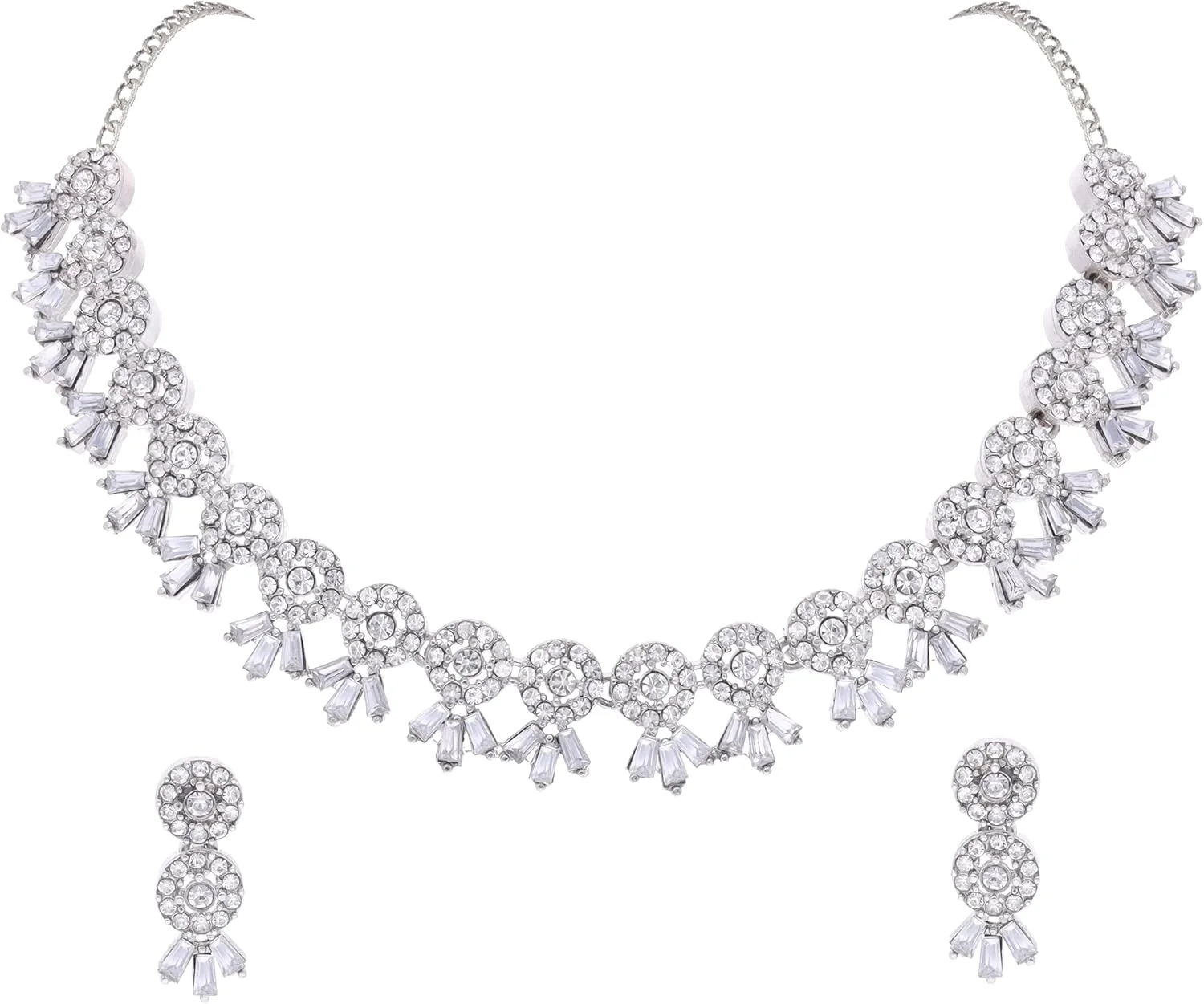 ست زیورآلات نقره‌ای با سنگ مصنوعی برادو، شامل گردنبند و یک جفت گوشواره (SLR - سفید)، متوسط، سنگ، الماس