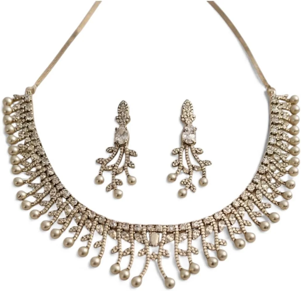 ست گردنبند شیک و نگین دار طرح الماس آمریکایی مدل 914259-NS با روکش رودیوم برای عروسی و مجالس، مناسب خانم ها و دختران - نقره ای