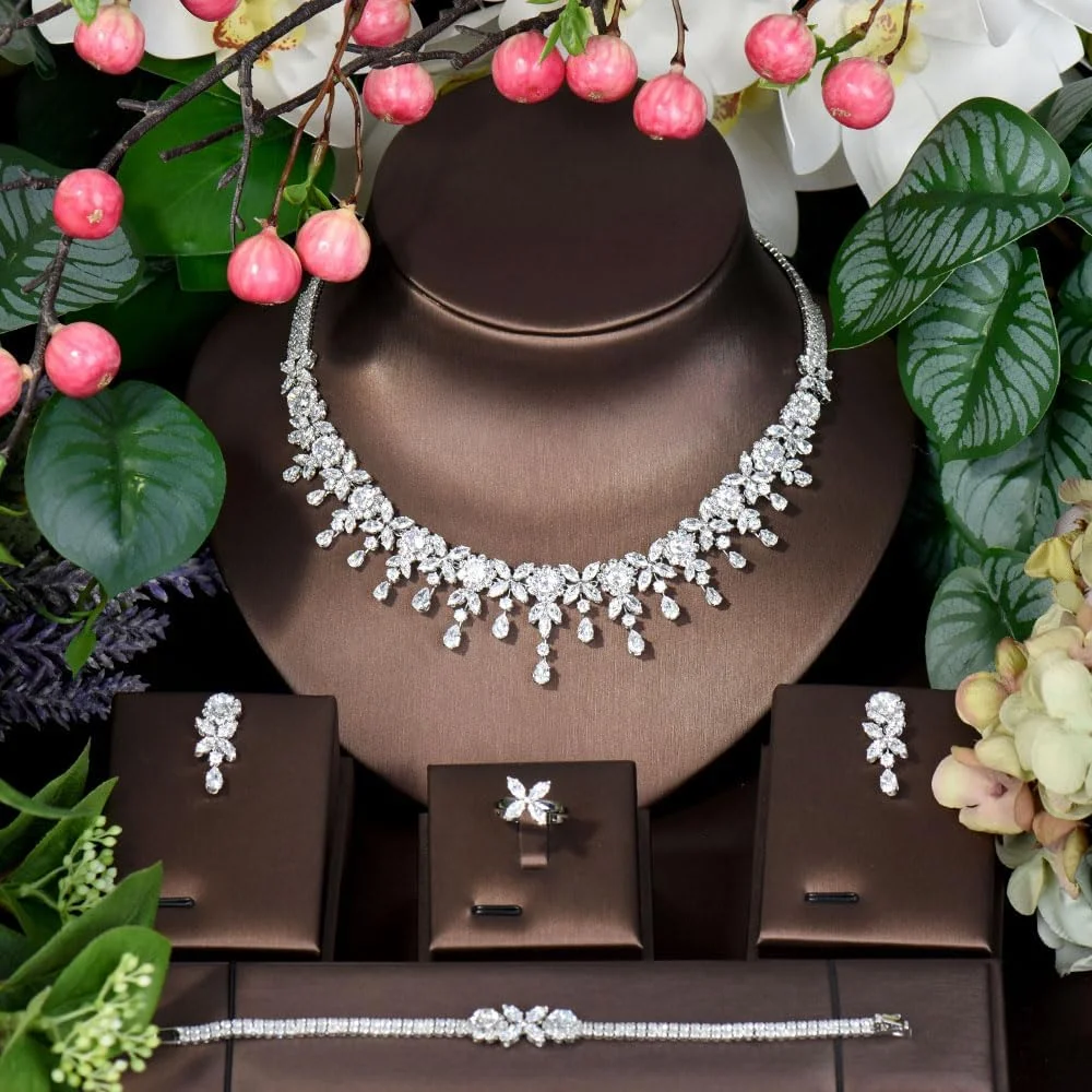 ست جواهرات زنانه Sederyla، شامل گردنبند، گوشواره آویز، دستبند و انگشتر، ست جواهرات با زیرکونیای مکعبی AAA، جواهرات عروسی بدون ایجاد حساسیت برای عروس و ساقدوش ست جواهرات زنانه Sederyla، شامل گردنبند، گوشواره آویز، دستبند و انگشتر، ست جواهرات با زیرکونیای مکعبی AAA، جواهرات عروسی بدون ایجاد حساسیت برای عروس و ساقدوش