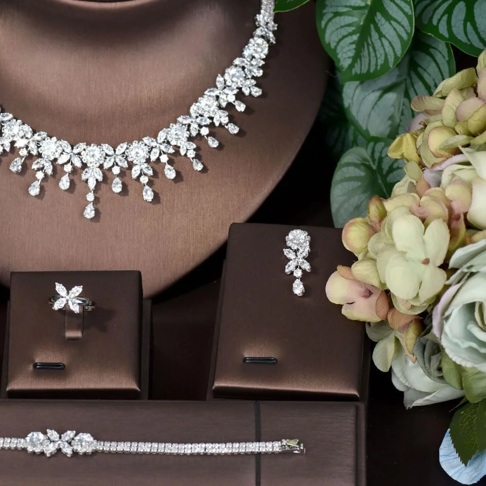 ست جواهرات زنانه Sederyla، شامل گردنبند، گوشواره آویز، دستبند و انگشتر، ست جواهرات با زیرکونیای مکعبی AAA، جواهرات عروسی بدون ایجاد حساسیت برای عروس و ساقدوش ست جواهرات زنانه Sederyla، شامل گردنبند، گوشواره آویز، دستبند و انگشتر، ست جواهرات با زیرکونیای مکعبی AAA، جواهرات عروسی بدون ایجاد حساسیت برای عروس و ساقدوش