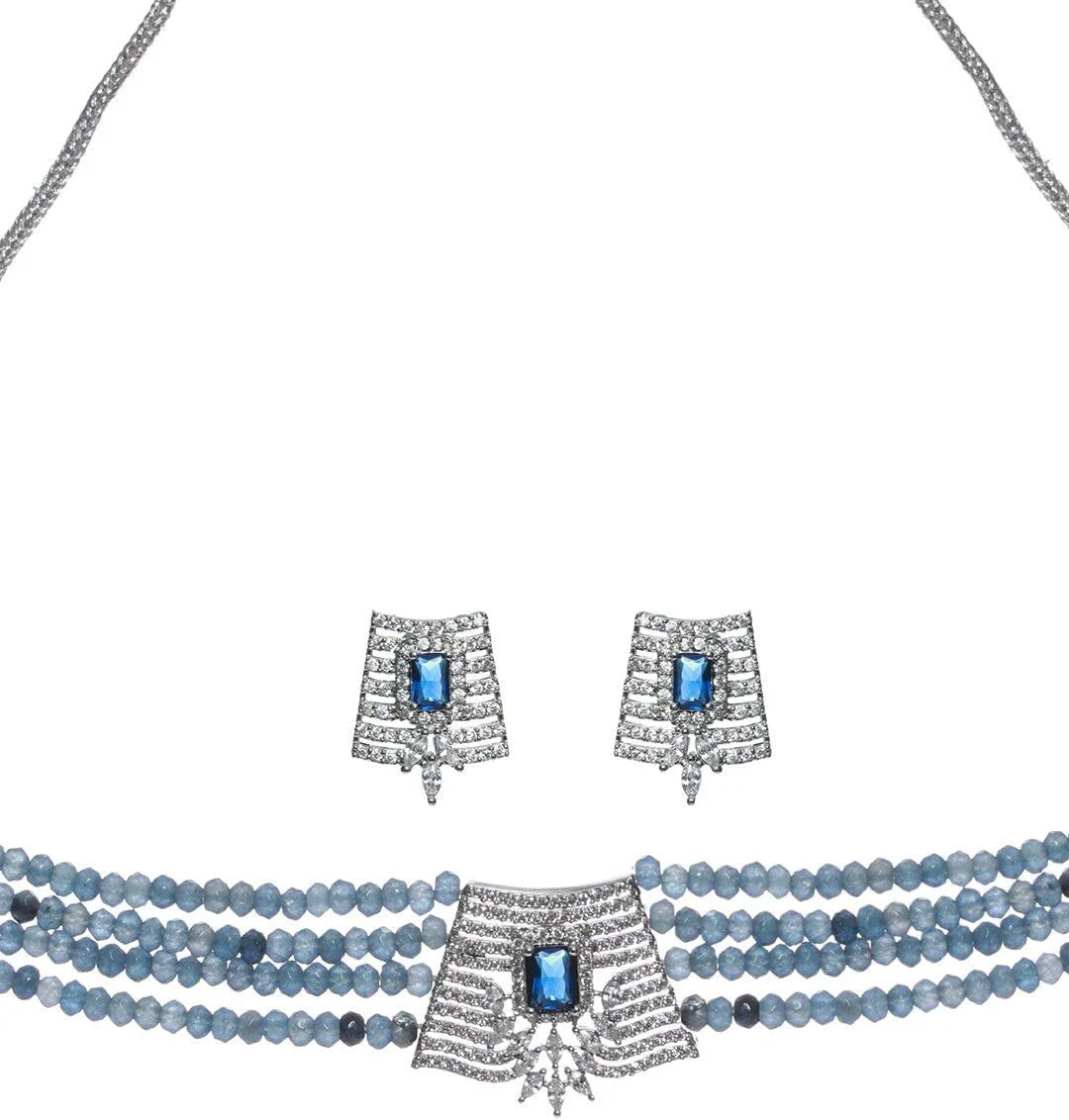 ست جواهرات چوکر چند لایه زنانه دنموس مدل DMZ-3775، نقره اندود، مزین به نگین های آبی و مهره، سایز کوچک، جنس برنج