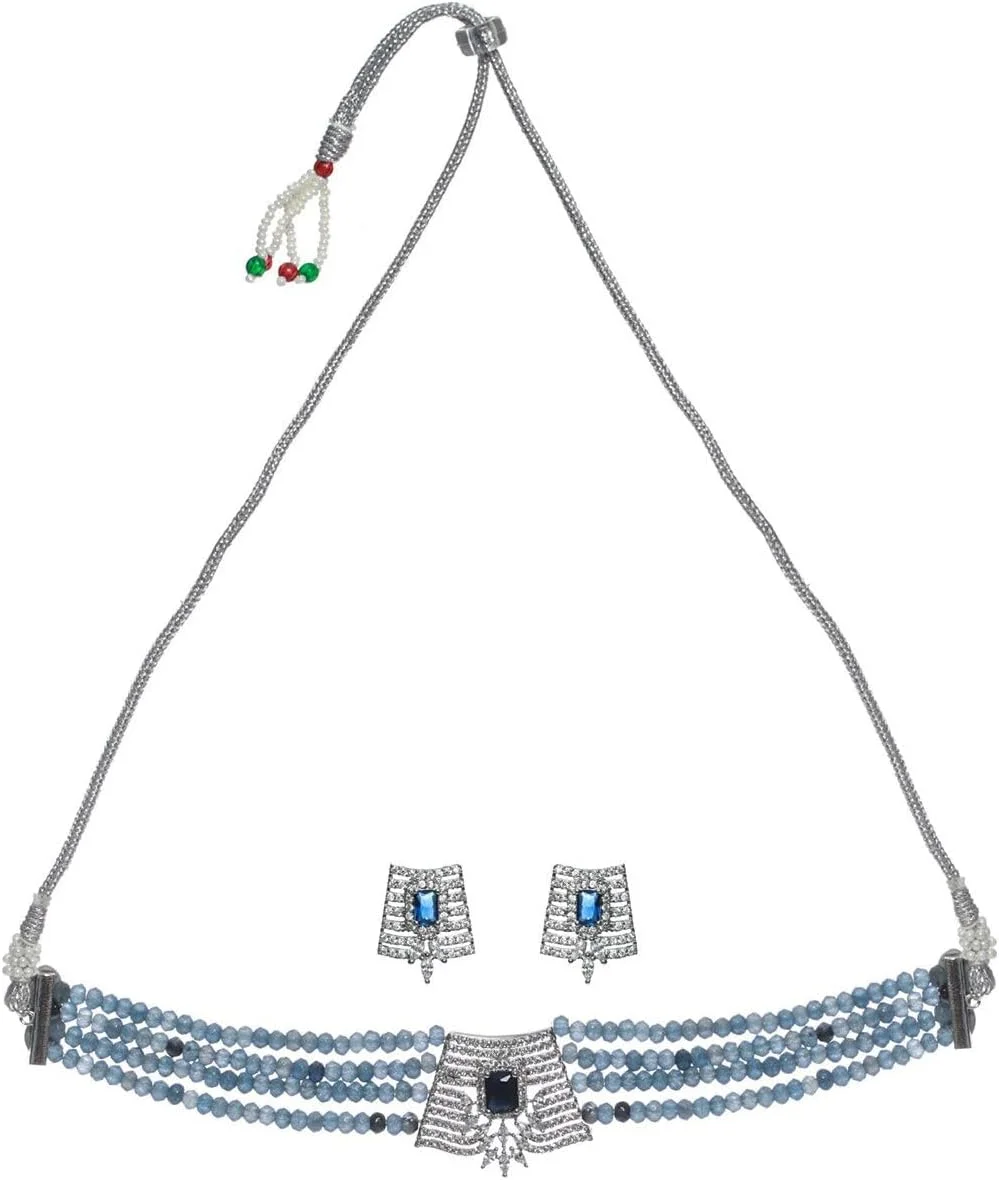 ست جواهرات چوکر چند لایه زنانه دنموس مدل DMZ-3775، نقره اندود، مزین به نگین های آبی و مهره، سایز کوچک، جنس برنج