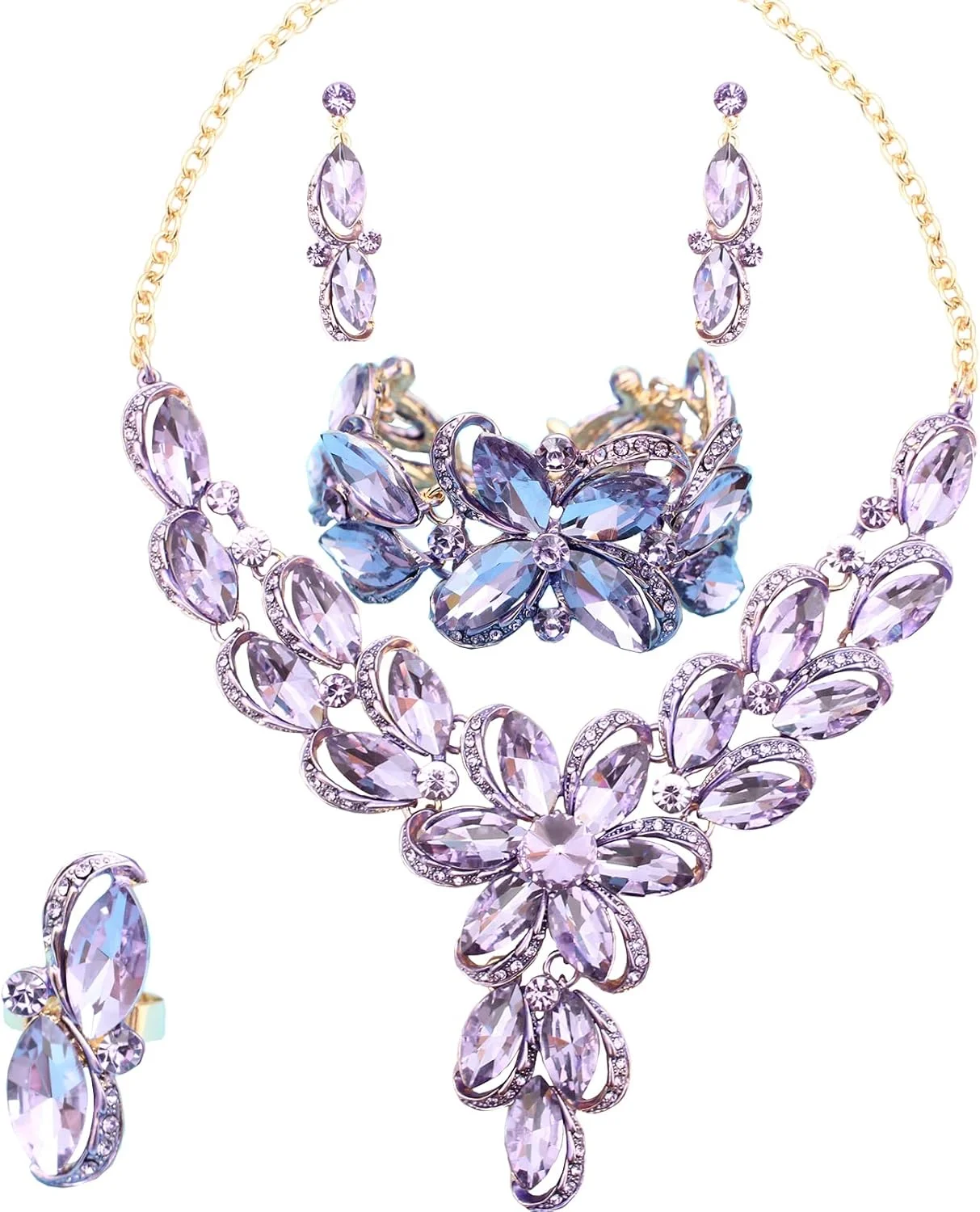 ست جواهرات زنانه نگین دار کریستال اتریشی طرح گل شامل گردنبند، دستبند النگویی، گوشواره آویز و انگشتر ضد حساسیت مناسب مهمانی عروسی برای عروس و ساقدوش عروس