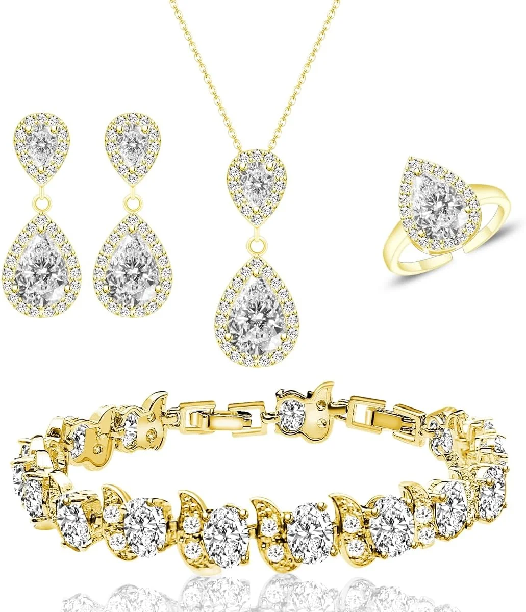 ست جواهرات زنانه LMXXVJ، گردنبند، گوشواره، انگشتر قابل تنظیم و دستبند با زیرکونیا مکعبی اشکی، هدیه جواهرات رسمی