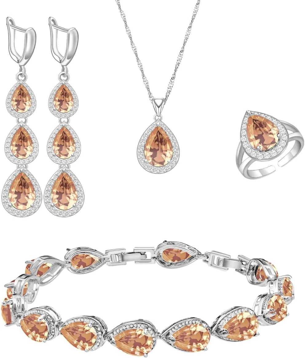 ست گردنبند، گوشواره آویز و دستبند LMXXVJ، روکش طلای سفید با یاقوت کبود آبی، ست جواهرات هدیه مهمانی عروسی برای زنان و ساقدوش عروس