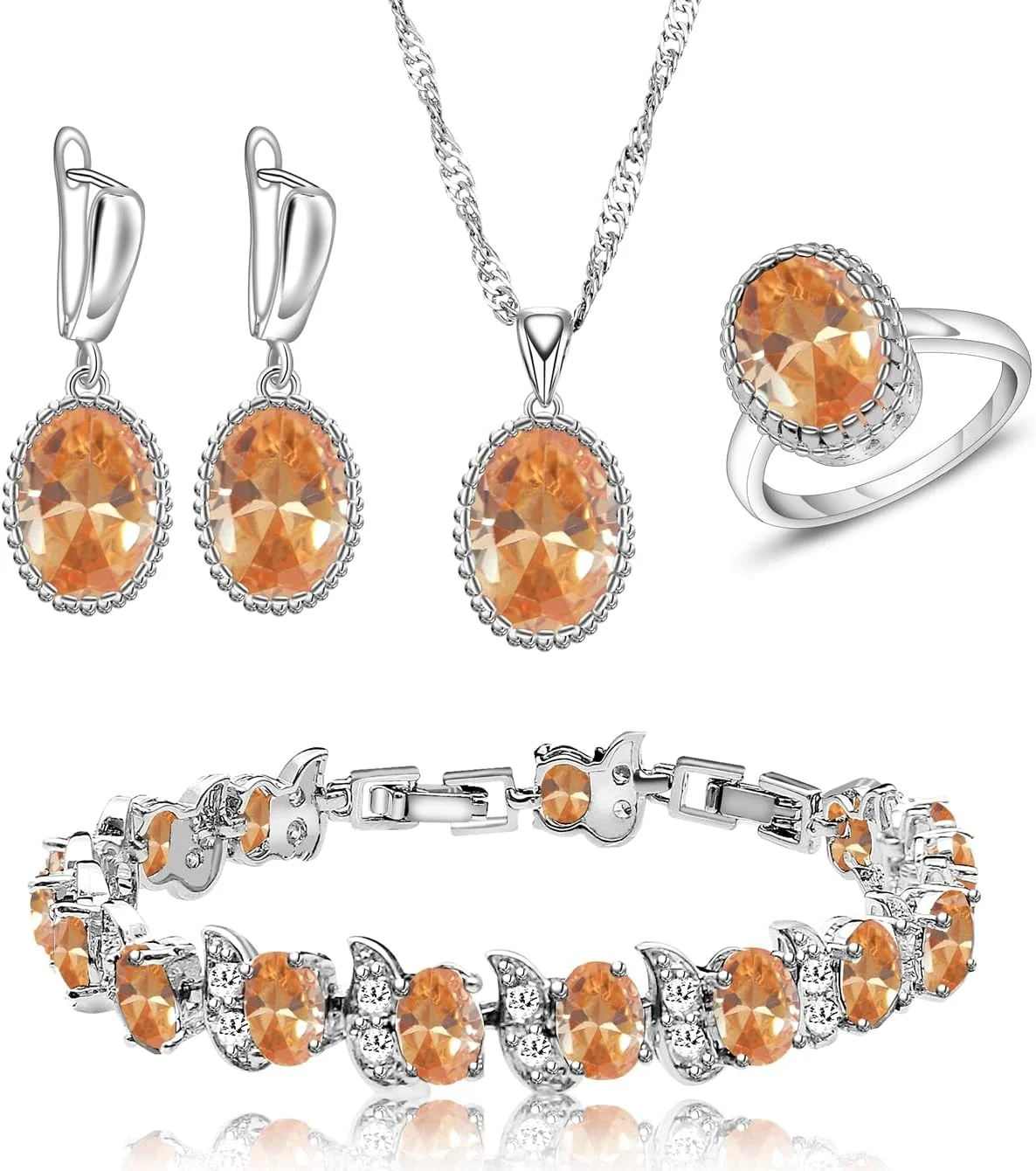 ست جواهرات زنانه LMXXVJ شامل گوشواره، انگشتر، گردنبند و دستبند تنیس با سنگ قیمتی CZ، مناسب برای عروس، سالگرد، جشن و هدیه کریسمس، رنگ نقره‌ای