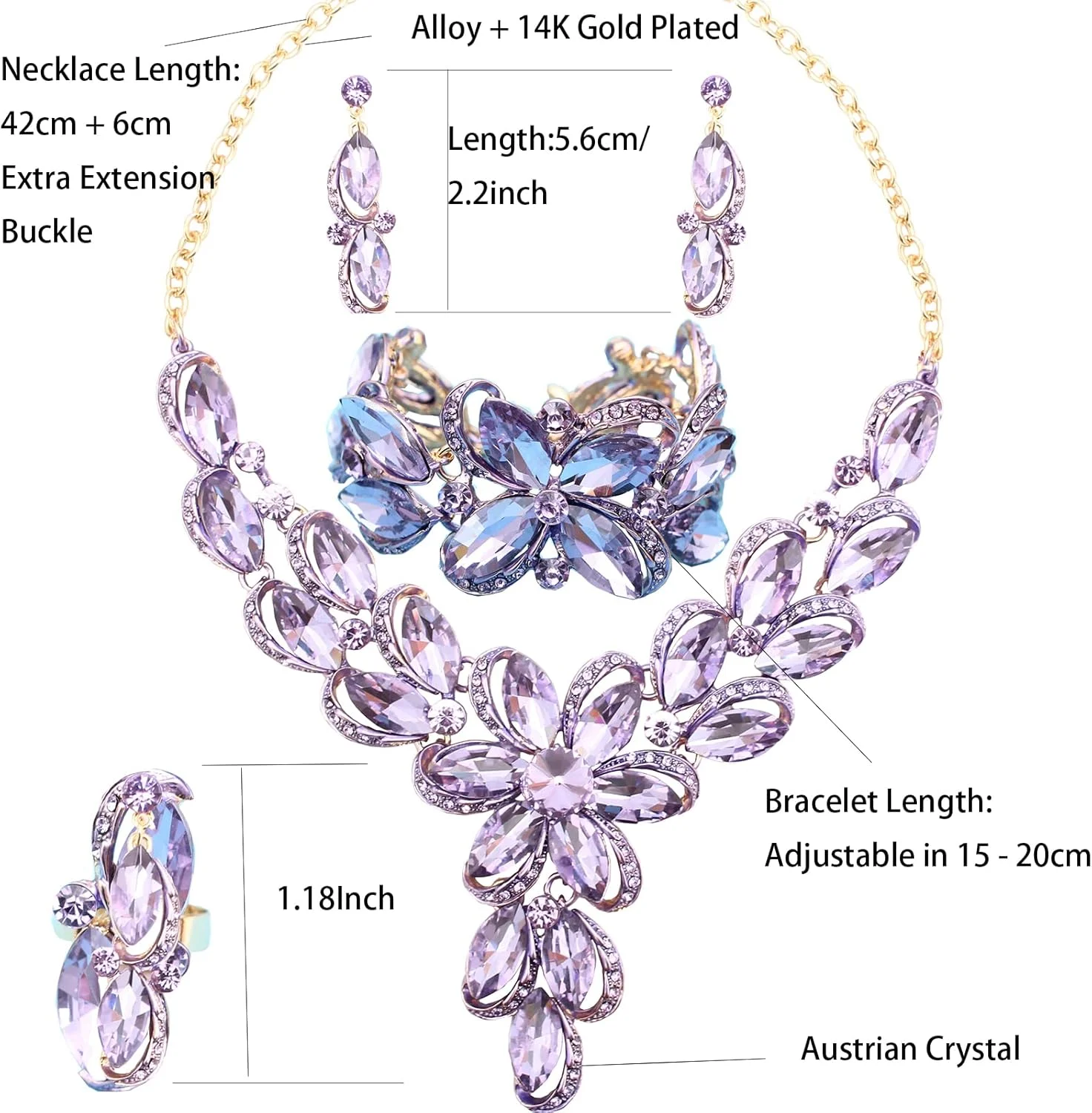 ست جواهرات زنانه نگین دار کریستال اتریشی طرح گل شامل گردنبند، دستبند النگویی، گوشواره آویز و انگشتر ضد حساسیت مناسب مهمانی عروسی برای عروس و ساقدوش عروس ست جواهرات زنانه نگین دار کریستال اتریشی طرح گل شامل گردنبند، دستبند النگویی، گوشواره آویز و انگشتر ضد حساسیت مناسب مهمانی عروسی برای عروس و ساقدوش عروس