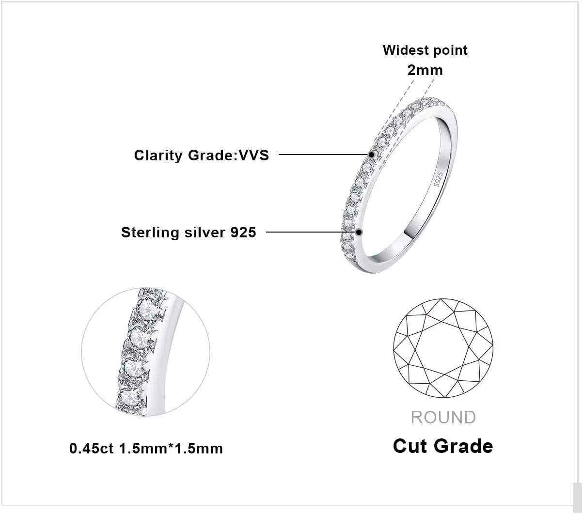 حلقه ازدواج مویسانیت اصل برش گرد JewelryPalace، حلقه نیمه ابدیت نقره استرلینگ 925، حلقه سالگرد تعهد VVS D-F سایز 5-9 حلقه ازدواج مویسانیت اصل برش گرد JewelryPalace، حلقه نیمه ابدیت نقره استرلینگ 925، حلقه سالگرد تعهد VVS D-F سایز 5-9