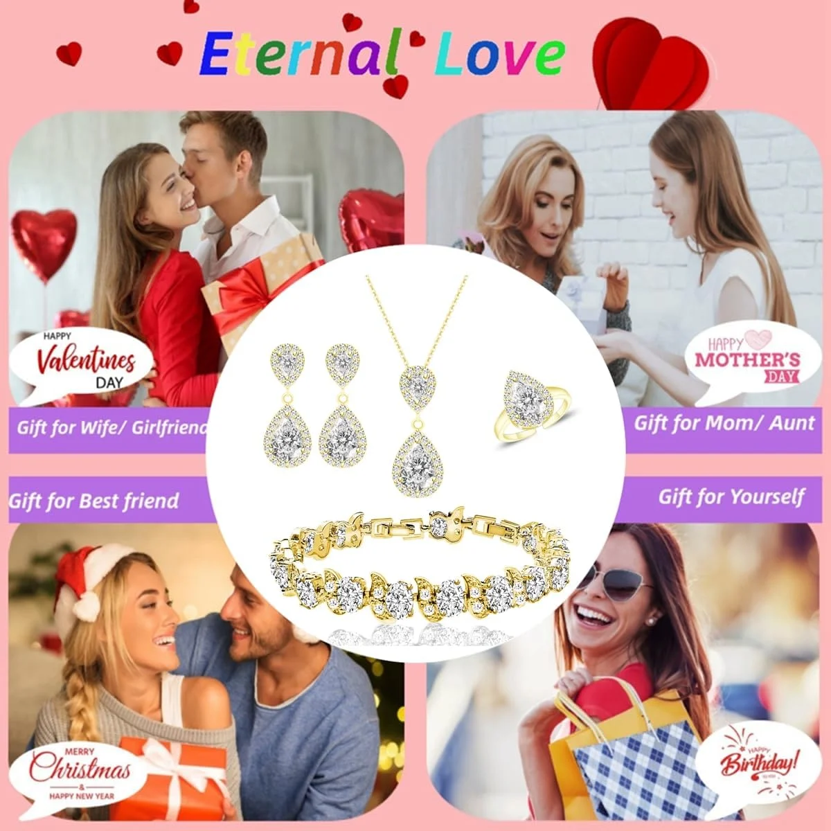 ست جواهرات زنانه LMXXVJ، گردنبند، گوشواره، انگشتر قابل تنظیم و دستبند با زیرکونیا مکعبی اشکی، هدیه جواهرات رسمی ست جواهرات زنانه LMXXVJ، گردنبند، گوشواره، انگشتر قابل تنظیم و دستبند با زیرکونیا مکعبی اشکی، هدیه جواهرات رسمی