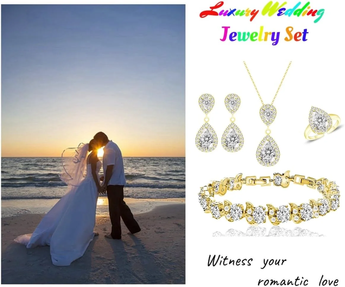 ست جواهرات زنانه LMXXVJ، گردنبند، گوشواره، انگشتر قابل تنظیم و دستبند با زیرکونیا مکعبی اشکی، هدیه جواهرات رسمی ست جواهرات زنانه LMXXVJ، گردنبند، گوشواره، انگشتر قابل تنظیم و دستبند با زیرکونیا مکعبی اشکی، هدیه جواهرات رسمی