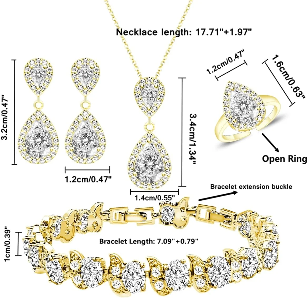 ست جواهرات زنانه LMXXVJ، گردنبند، گوشواره، انگشتر قابل تنظیم و دستبند با زیرکونیا مکعبی اشکی، هدیه جواهرات رسمی ست جواهرات زنانه LMXXVJ، گردنبند، گوشواره، انگشتر قابل تنظیم و دستبند با زیرکونیا مکعبی اشکی، هدیه جواهرات رسمی