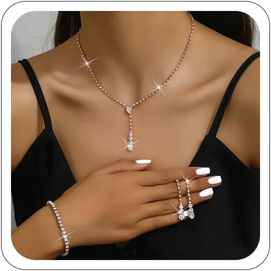 ست جواهرات مجلسی ANGLEQUEEN، شامل گردنبند، گوشواره و دستبند نگین دار زیبا برای عروسی و مهمانی