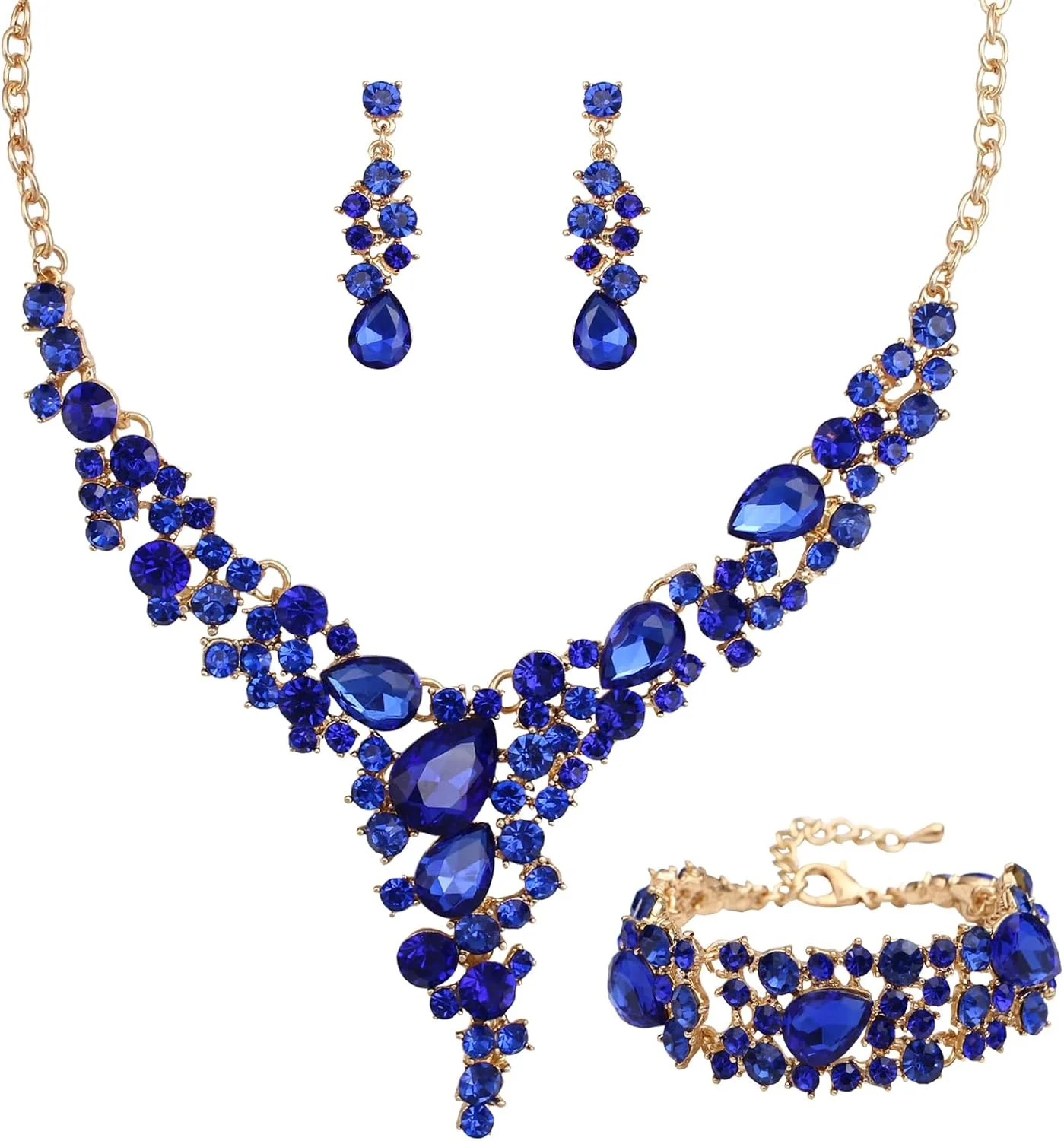 ست جواهرات زنانه SFE شامل گردنبند کریستال اتریشی، گوشواره های آویز اشکی و دستبند مناسب عروسی و مهمانی