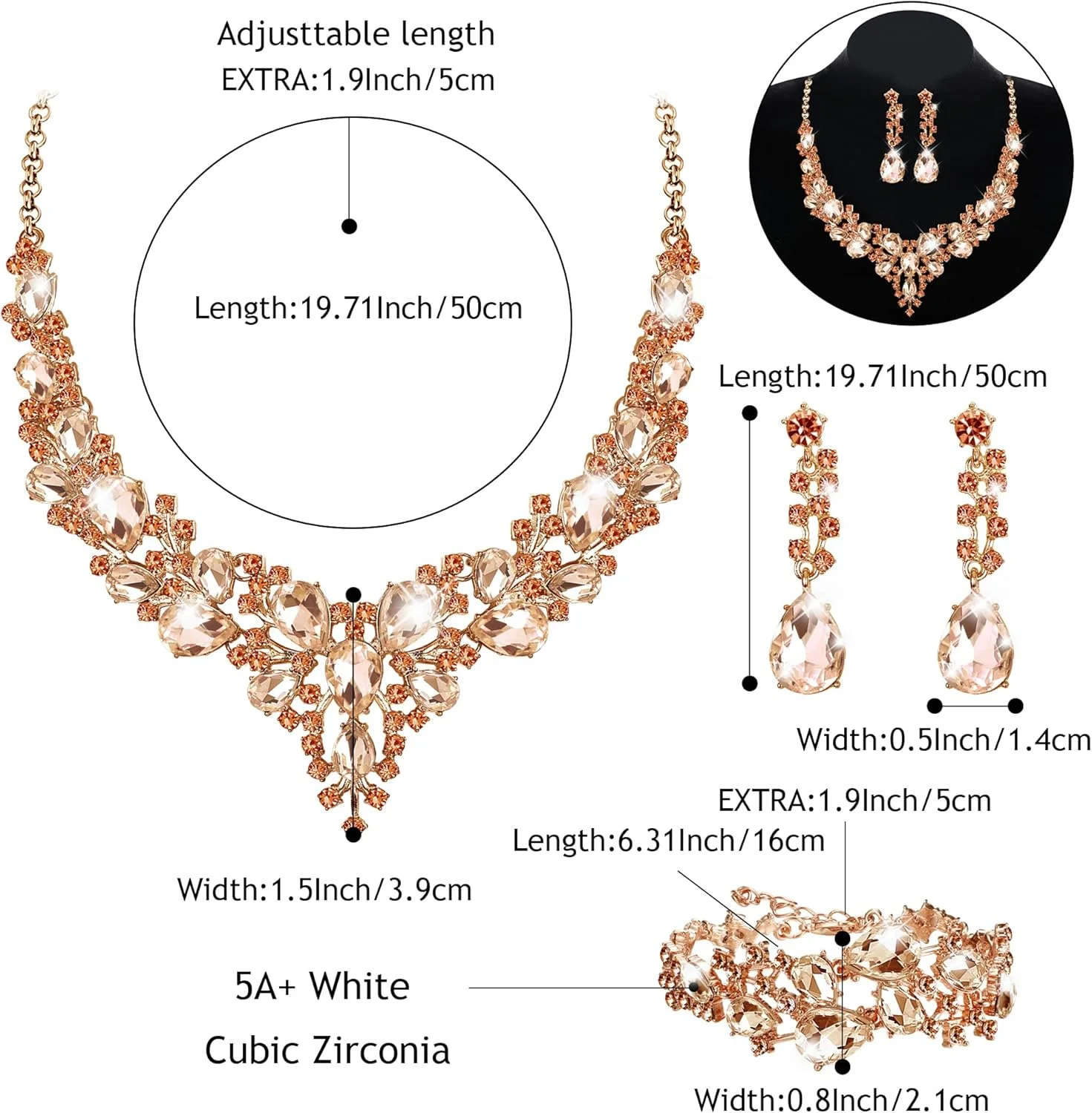 ست جواهرات عروس JeweBella برای زنان، شامل گردنبند، گوشواره و دستبند کریستالی طرح اشک ست جواهرات عروس JeweBella برای زنان، شامل گردنبند، گوشواره و دستبند کریستالی طرح اشک