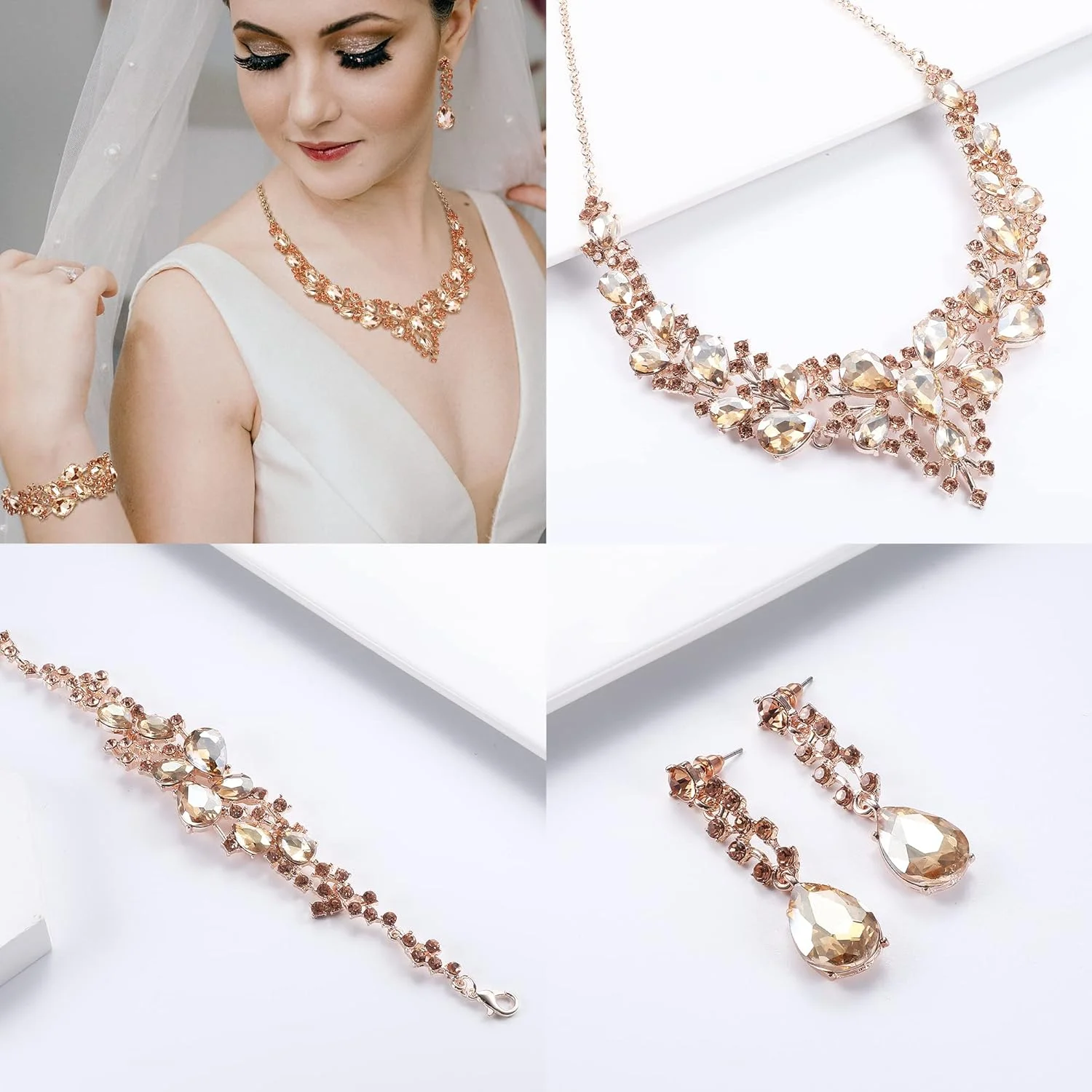 ست جواهرات عروس JeweBella برای زنان، شامل گردنبند، گوشواره و دستبند کریستالی طرح اشک ست جواهرات عروس JeweBella برای زنان، شامل گردنبند، گوشواره و دستبند کریستالی طرح اشک