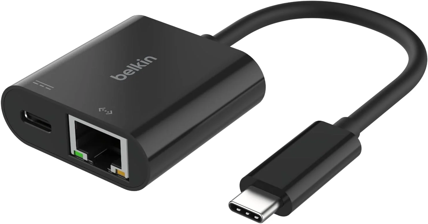 آداپتور USB-C به اترنت + شارژ 100 واتی بلکین با پورت اترنت گیگابیتی و پورت USB-C - [10/100/1000] مگابیت بر ثانیه برای اتصال سریع به اینترنت - سازگار با آیفون 16، 15، گلکسی S24 و غیره