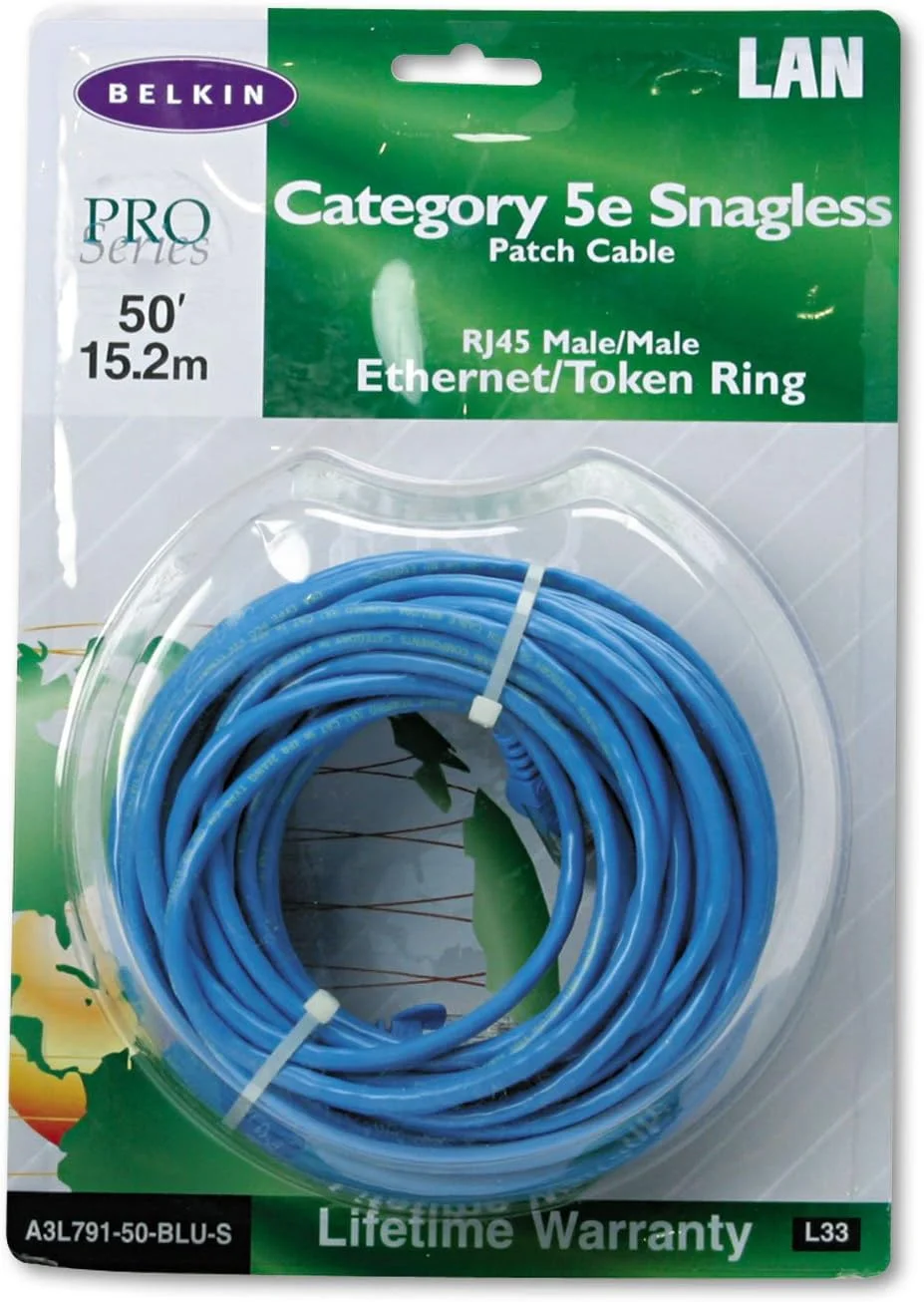 کابل پچ 15 متری RJ45 CAT 5e بدون گیر بلکین (آبی)