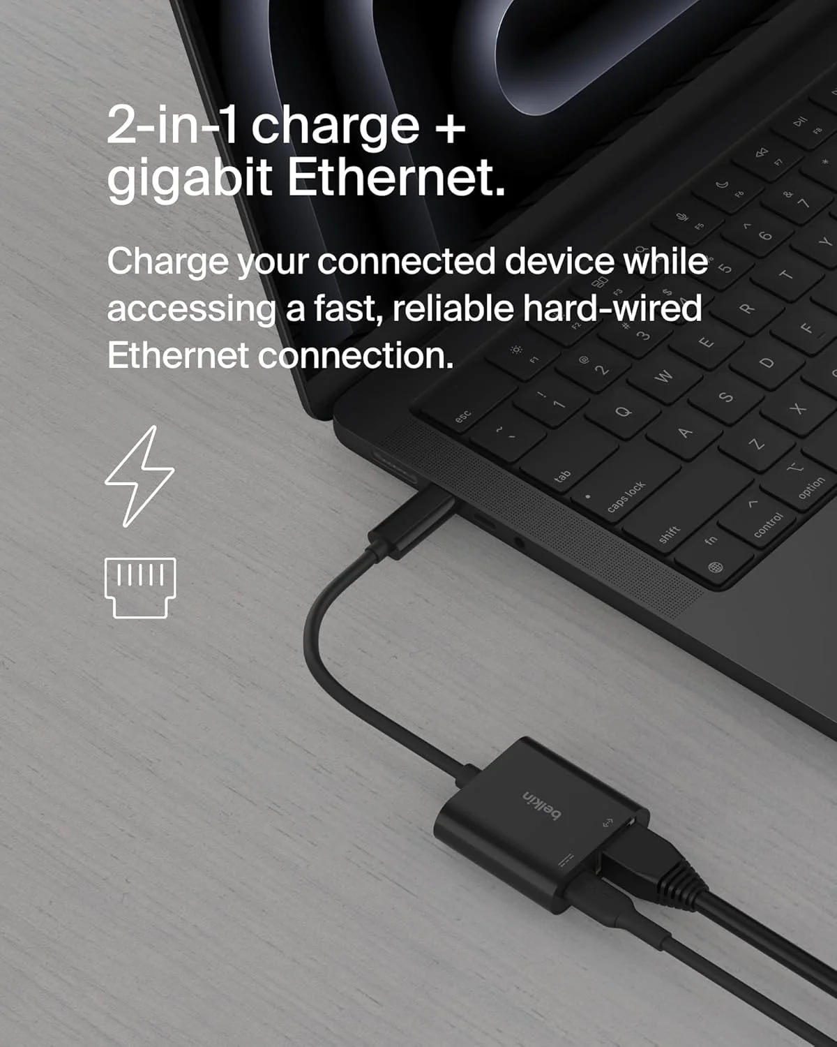 آداپتور USB-C به اترنت + شارژ 100 واتی بلکین با پورت اترنت گیگابیتی و پورت USB-C - [10/100/1000] مگابیت بر ثانیه برای اتصال سریع به اینترنت - سازگار با آیفون 16، 15، گلکسی S24 و غیره