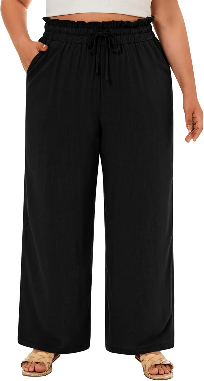 شلوار زنانه لینن سایز بزرگ نیر، کمر بلند، پاچه گشاد، بند دار، آزاد و راسته با جیب شلوار زنانه لینن سایز بزرگ نیر، کمر بلند، پاچه گشاد، بند دار، آزاد و راسته با جیب