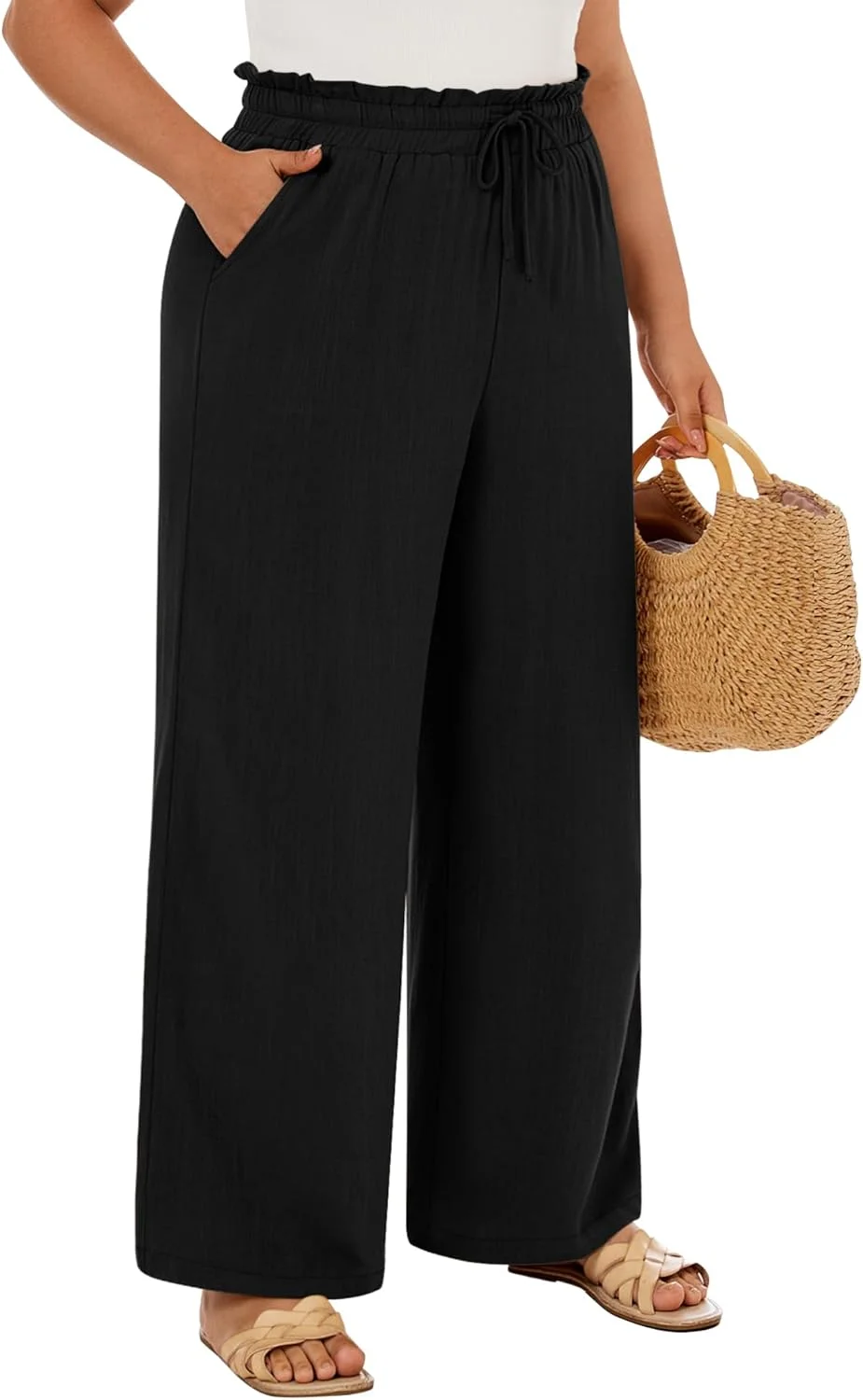 شلوار زنانه لینن سایز بزرگ نیر، کمر بلند، پاچه گشاد، بند دار، آزاد و راسته با جیب