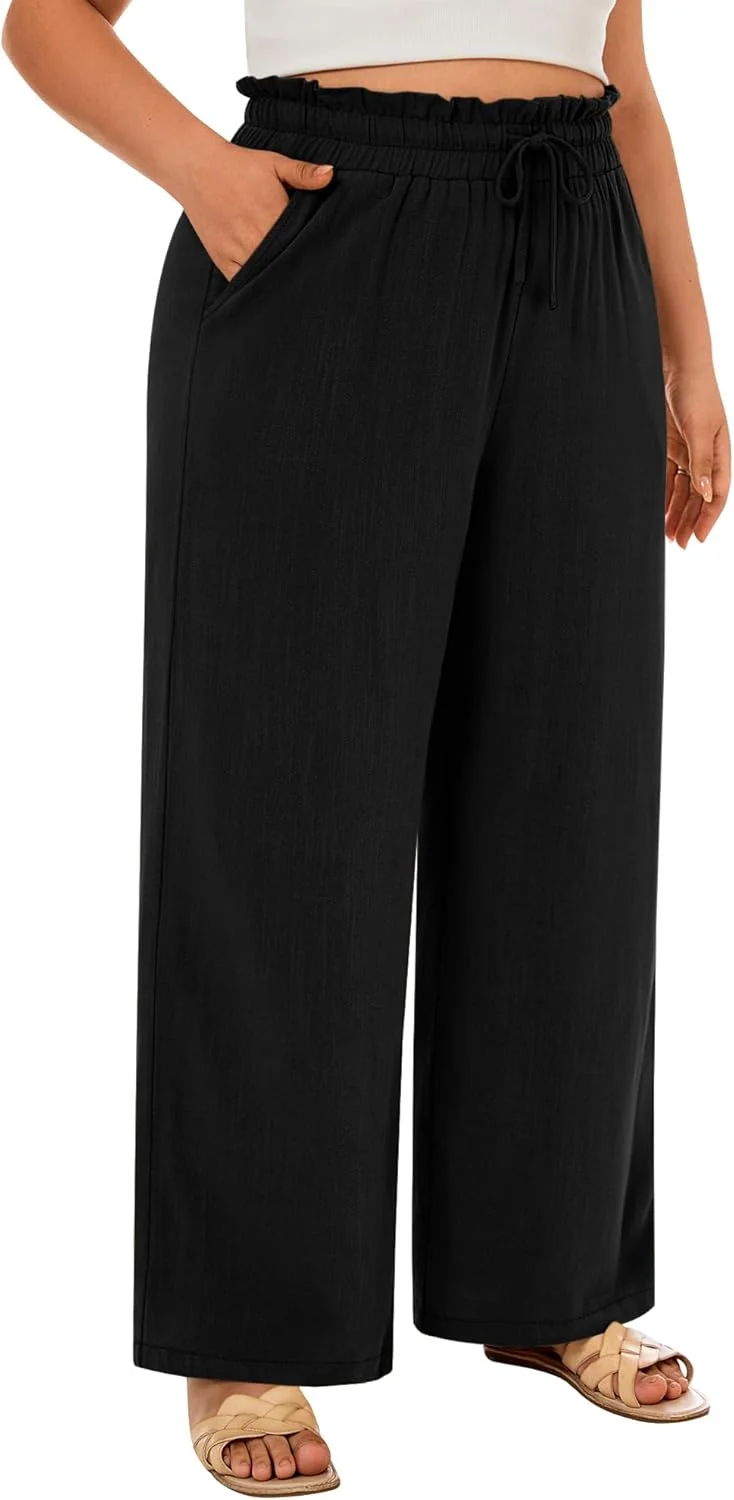 شلوار زنانه لینن سایز بزرگ نیر، کمر بلند، پاچه گشاد، بند دار، آزاد و راسته با جیب