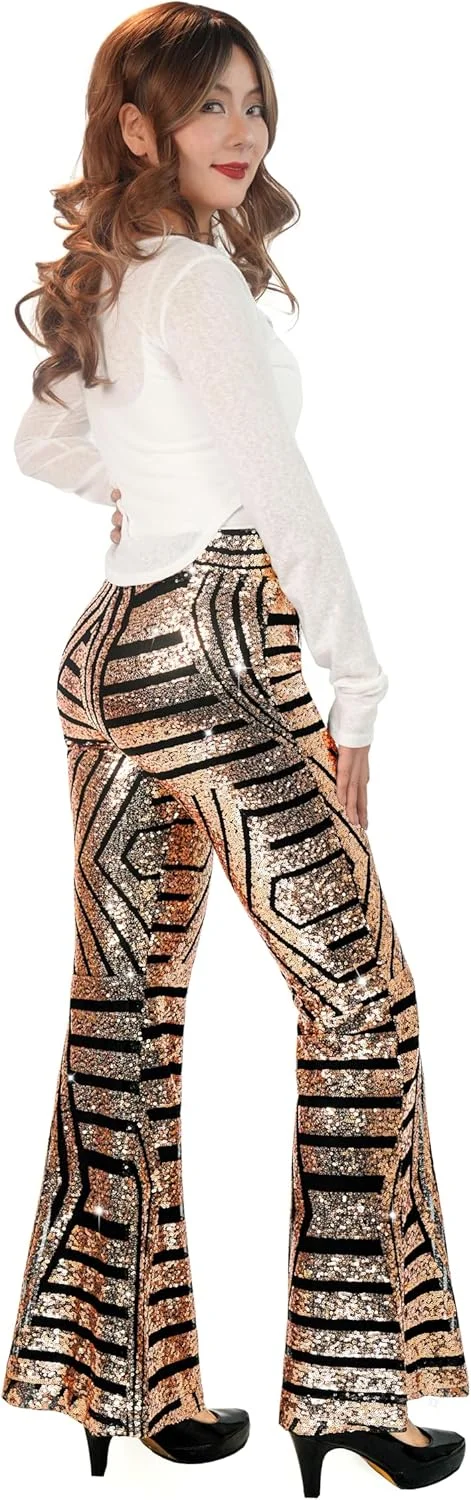 شلوار دمپا گشاد پولکی Nawgut، شلوار زنگوله‌ای براق با کمر بلند، مناسب مهمانی دیسکو و لباس شب زنانه