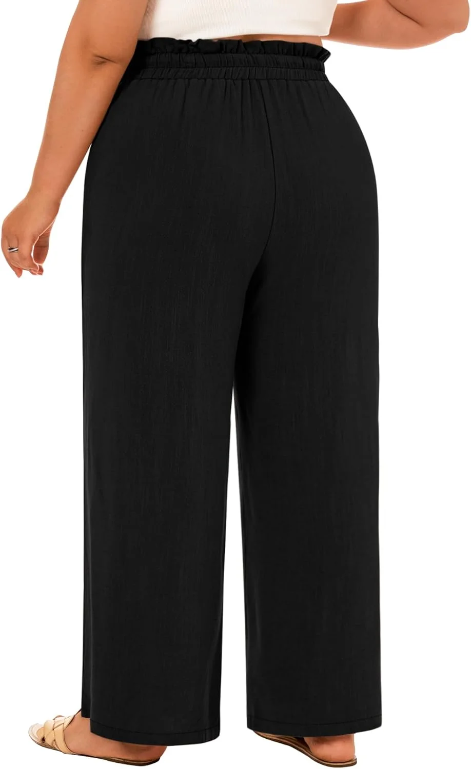 شلوار زنانه لینن سایز بزرگ نیر، کمر بلند، پاچه گشاد، بند دار، آزاد و راسته با جیب