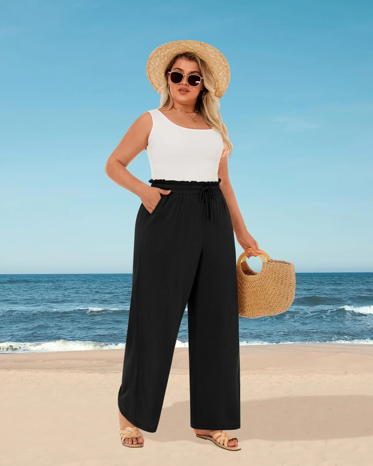 شلوار زنانه لینن سایز بزرگ نیر، کمر بلند، پاچه گشاد، بند دار، آزاد و راسته با جیب