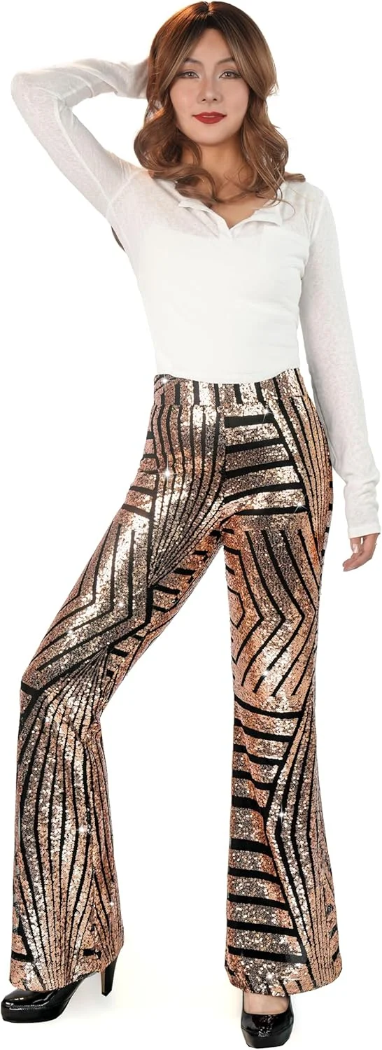 شلوار دمپا گشاد پولکی Nawgut، شلوار زنگوله‌ای براق با کمر بلند، مناسب مهمانی دیسکو و لباس شب زنانه