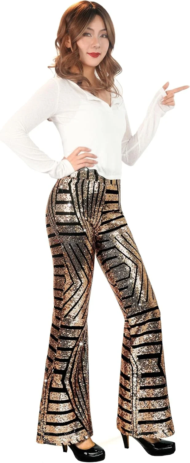 شلوار دمپا گشاد پولکی Nawgut، شلوار زنگوله‌ای براق با کمر بلند، مناسب مهمانی دیسکو و لباس شب زنانه