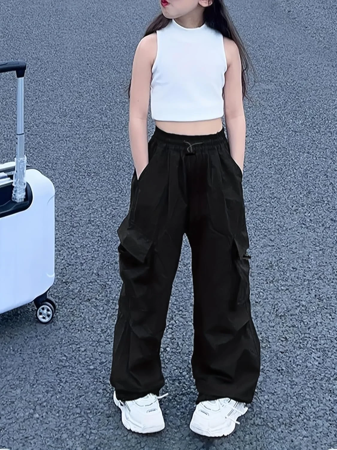 شلوار کارگو دخترانه Nanasait، کمر کشی بند دار با جیب، مناسب 6 تا 14 سال