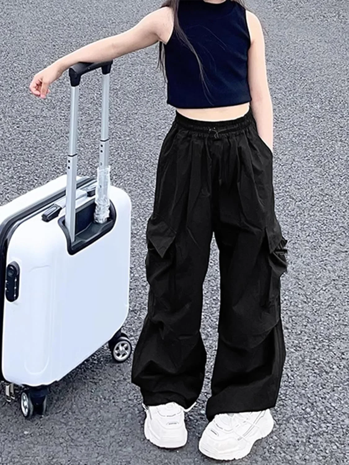 شلوار کارگو دخترانه Nanasait، کمر کشی بند دار با جیب، مناسب 6 تا 14 سال