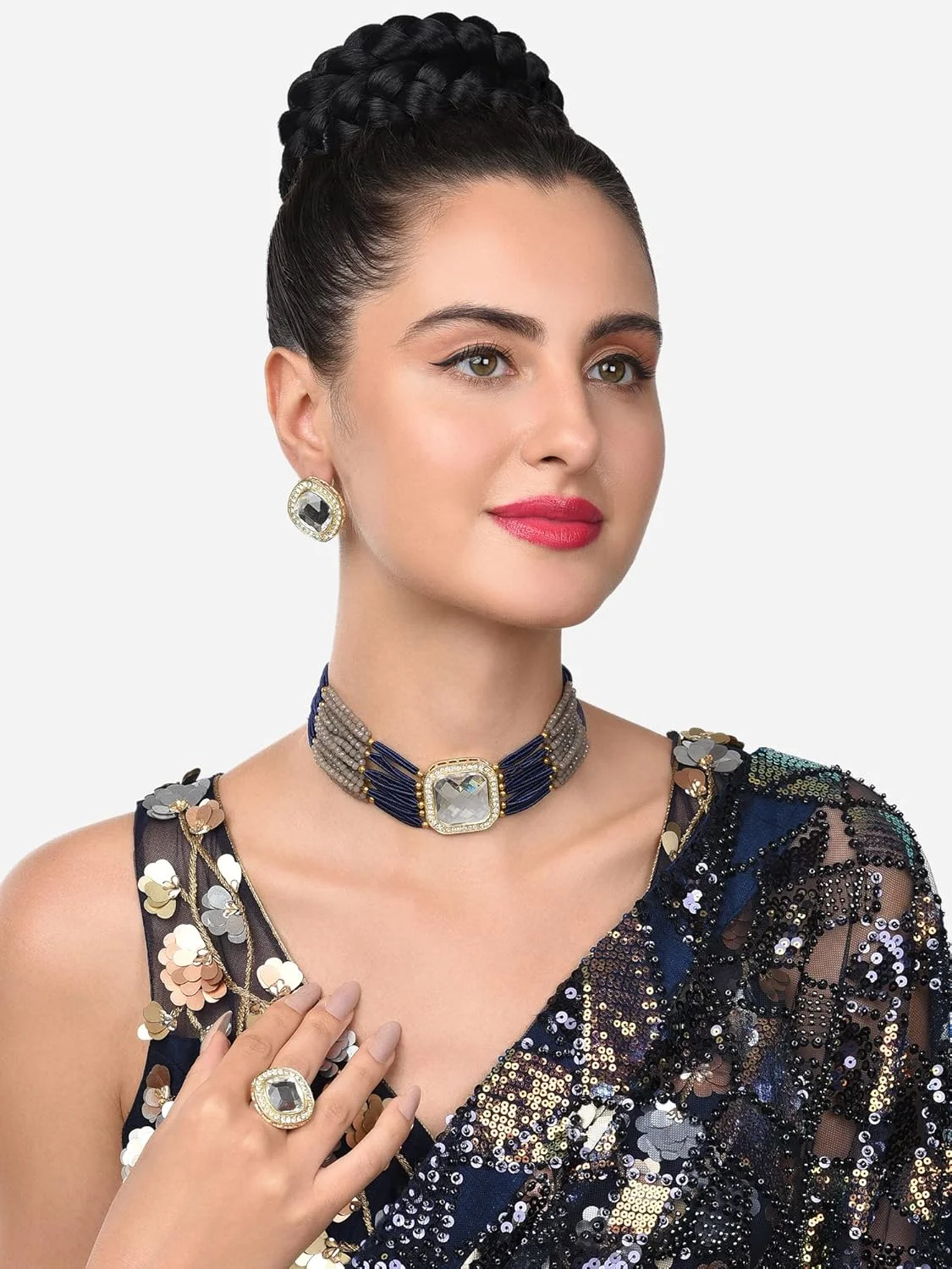 زاوِری پرلز، ست گردنبند چوکر چند رشته ای خاکستری و آبی به همراه گوشواره و انگشتر زنانه - ZPFK11439 زاوِری پرلز، ست گردنبند چوکر چند رشته ای خاکستری و آبی به همراه گوشواره و انگشتر زنانه - ZPFK11439