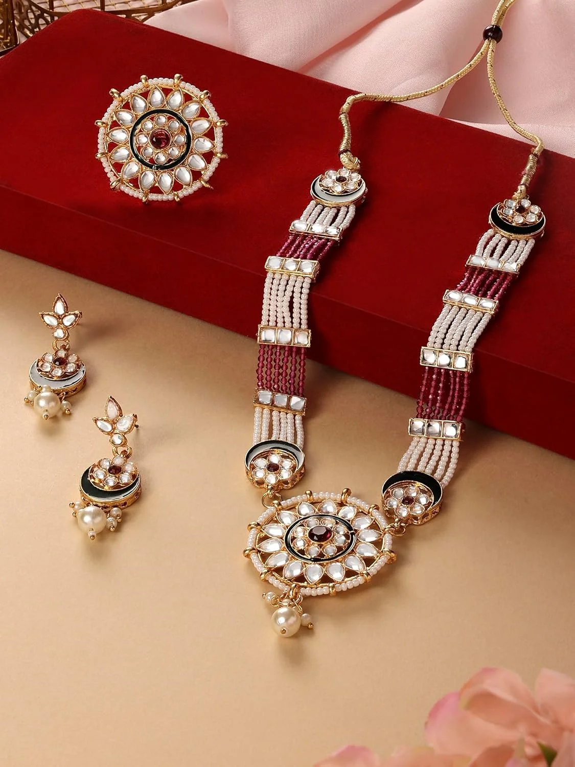 زیوری پرلز ست گردنبند، گوشواره و انگشتر زنانه با سنگ های چند رشته ای Kundan بنفش و سبز - ZPFK16607 زیوری پرلز ست گردنبند، گوشواره و انگشتر زنانه با سنگ های چند رشته ای Kundan بنفش و سبز - ZPFK16607