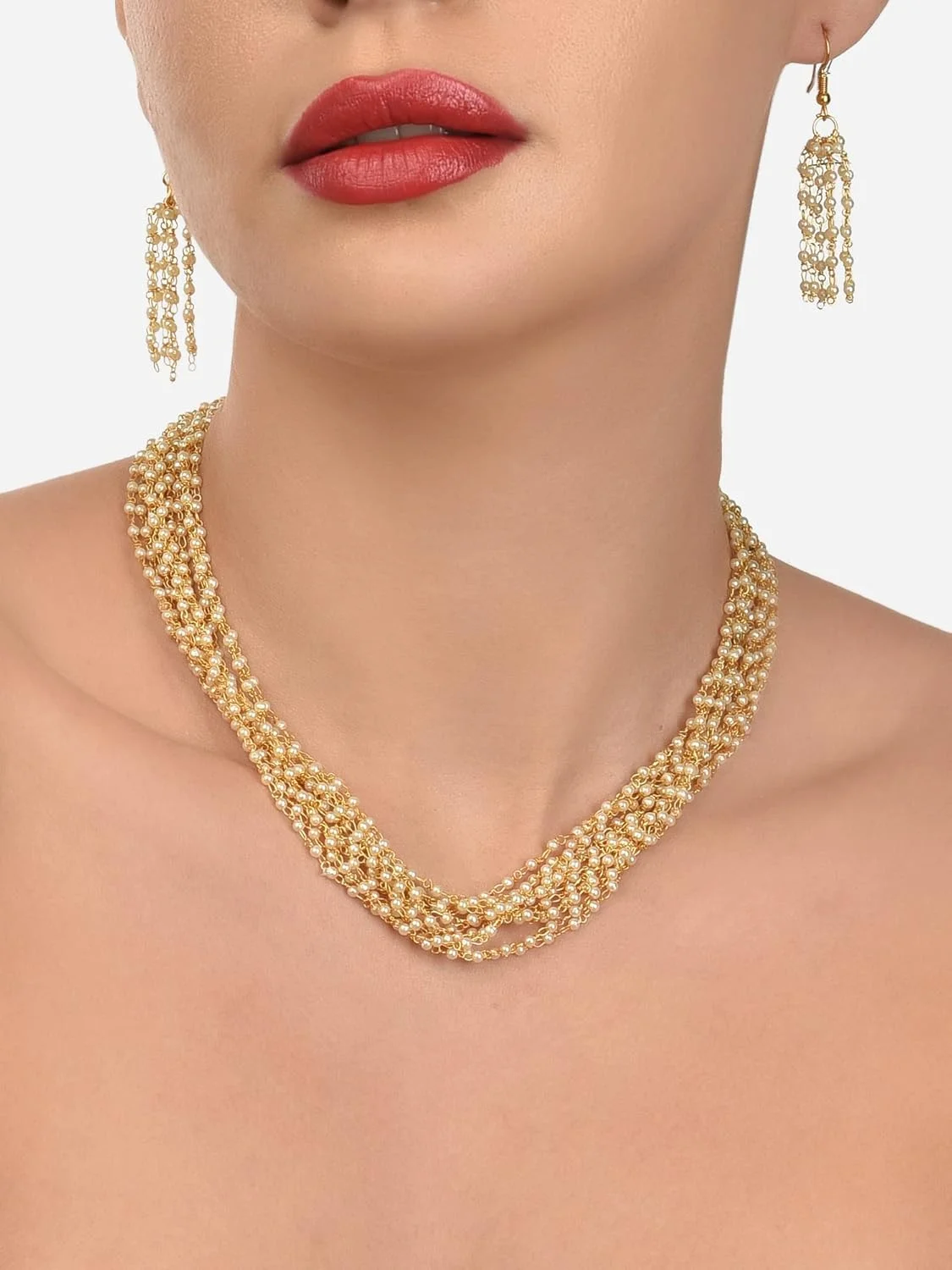 زیوری پرلز، ست گردنبند و گوشواره زنانه با مروارید چند رشته ای و طرح طلایی - ZPFK12744 زیوری پرلز، ست گردنبند و گوشواره زنانه با مروارید چند رشته ای و طرح طلایی - ZPFK12744