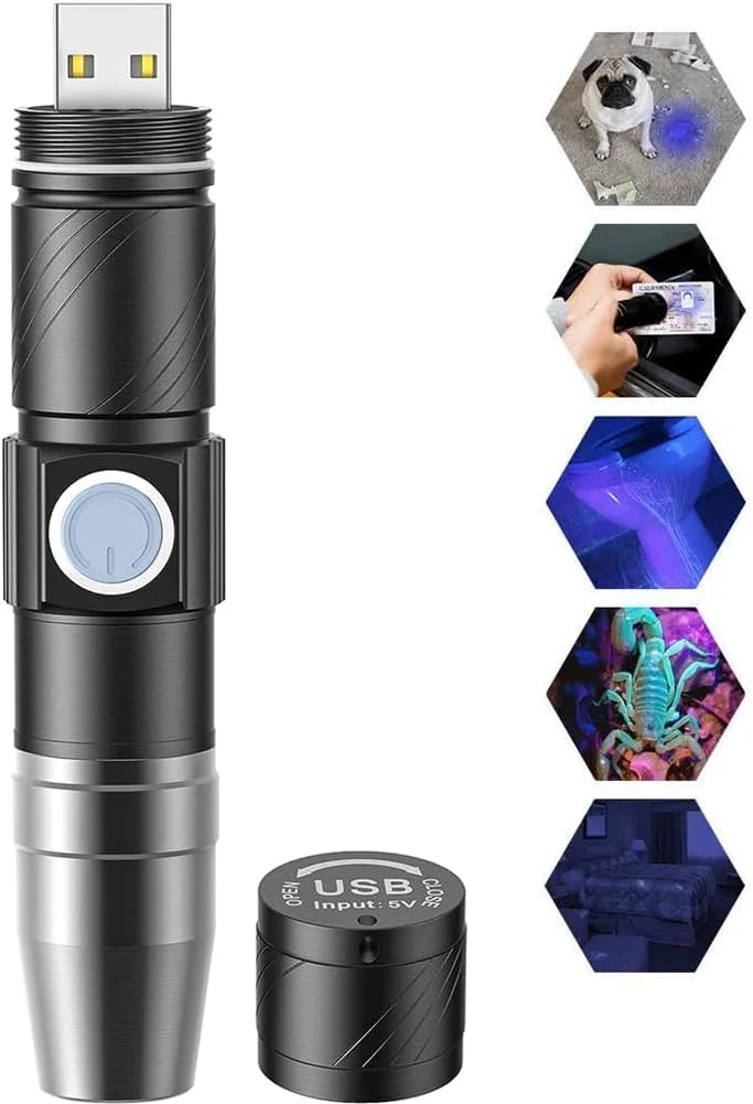 چراغ قوه فرابنفش Joyzzz، چراغ قوه کوچک و قابل حمل با 3 حالت برای تشخیص ادرار حیوانات خانگی، چراغ قوه فرابنفش USB قابل شارژ، سخت کننده رزین، ساس، عقرب، ناخن