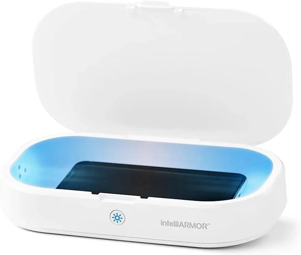 دستگاه استریل کننده UV Shield+ یونیورسال LED UVC اینتلی آرمور - ضدعفونی کننده تلفن، استریل کننده تلفن هوشمند قابل حمل، ضدعفونی کننده تلفن، میکروب کش، سازگار با همه تلفن ها تا 6.5 اینچ - سفید