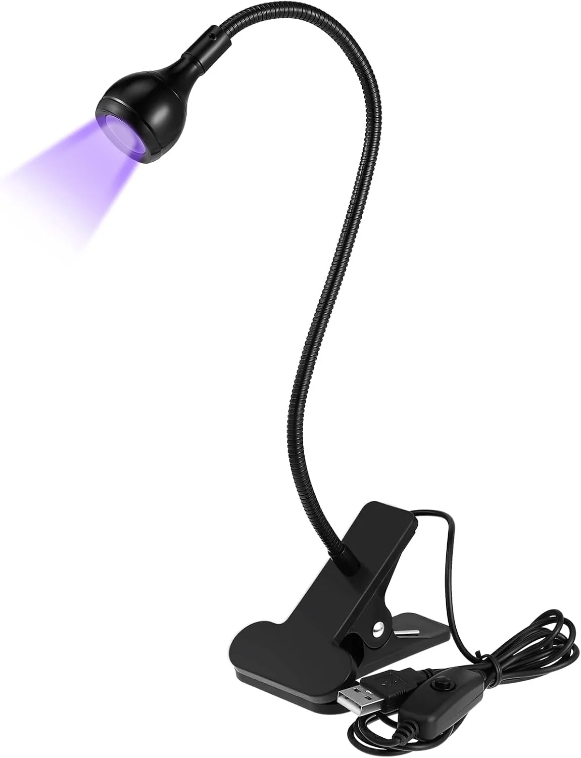 چراغ LED UV KASTWAVE برای خشک کردن چسب، چراغ LED UV با تراشه بزرگ 395 نانومتری با گردن غازی و گیره، چراغ رومیزی کوچک قابل حمل با گردن غازی برای خشک کردن ژل ناخن در فضای باز، ورودی USB 5 ولت - مشکی
