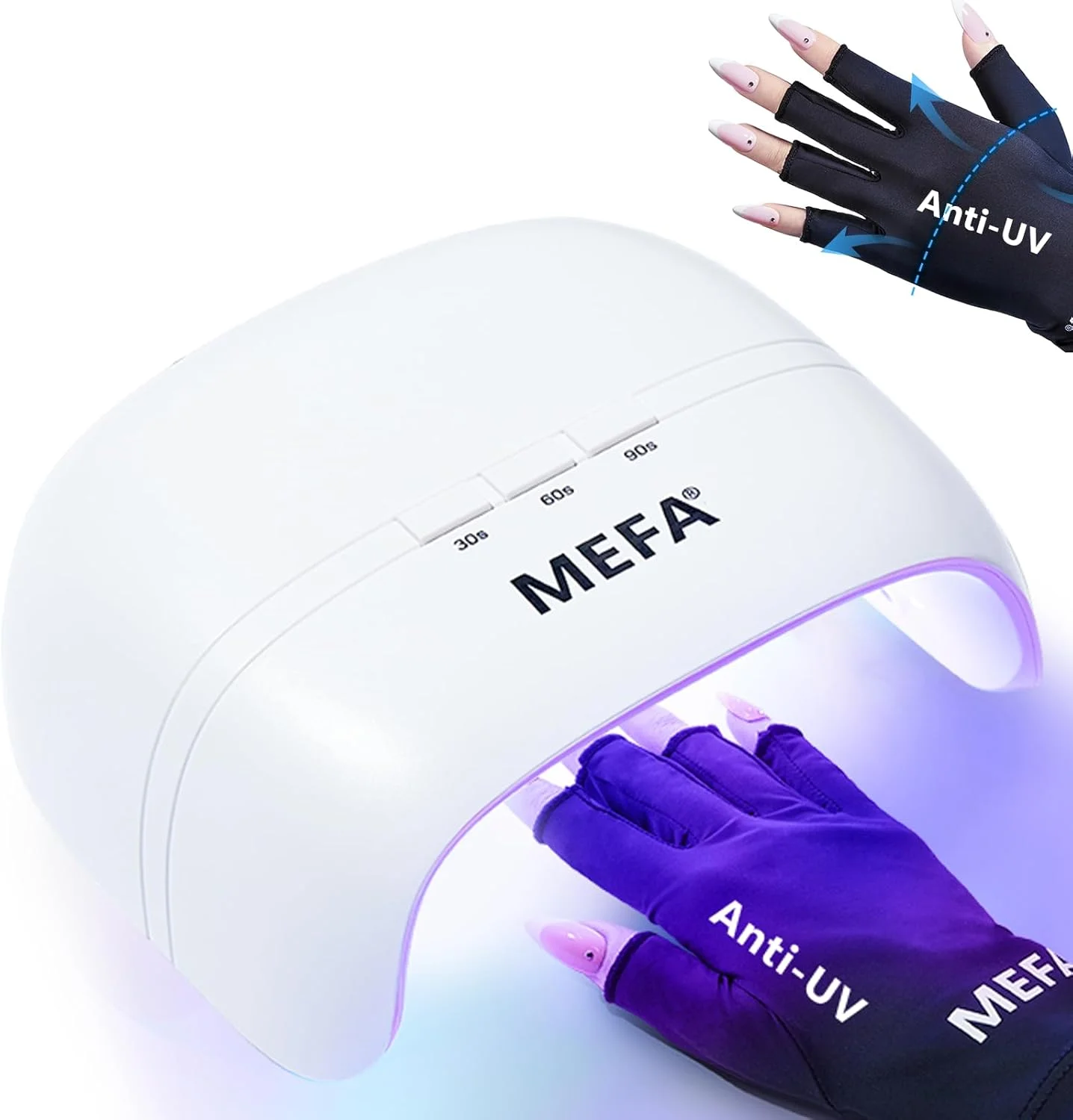 لامپ ناخن UV MEFA با دستکش های UV، نور UV 72 واتی برای ناخن های ژلی با 21 عدد لامپ LED، خشک کن UV سه زمانه برای لاک ژل، دستکش های حرفه ای UPF99+ UV برای مانیکور ژلی برای سالن های زنانه