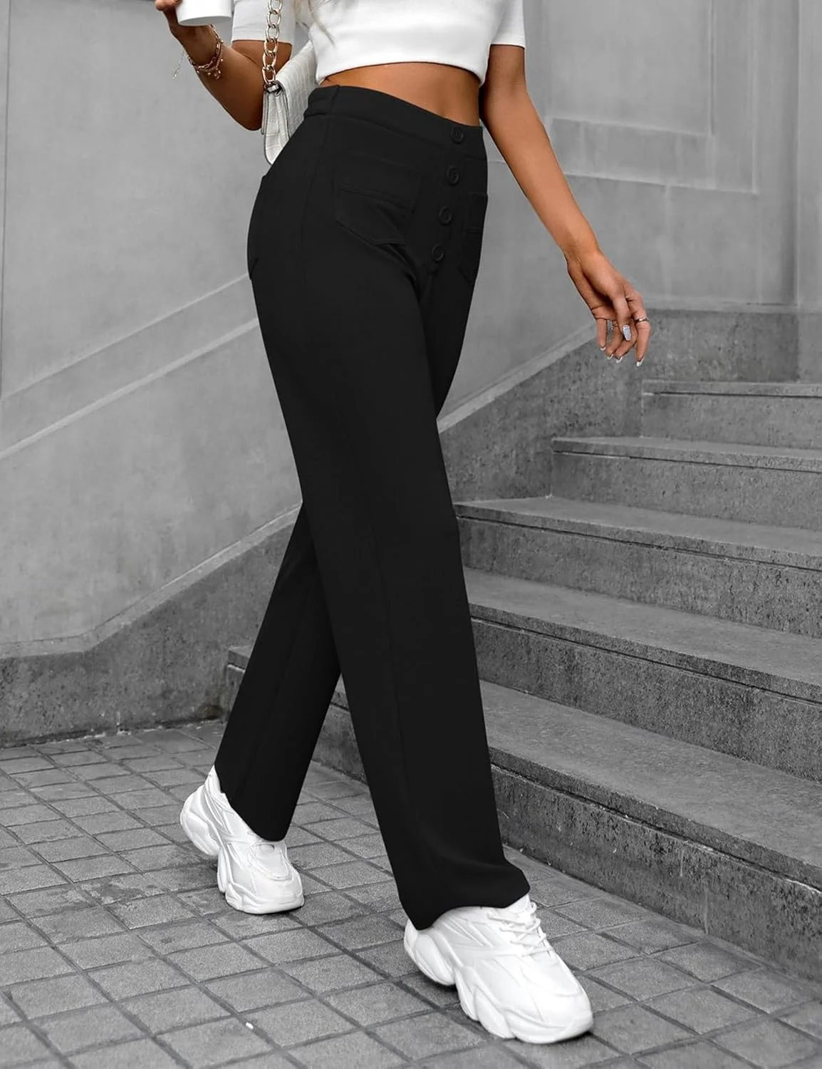 شلوار زنانه راسته با کمر بلند دکمه دار، کشی، مناسب کار و استایل کژوال بهاره با جیب های متعدد شلوار زنانه راسته با کمر بلند دکمه دار، کشی، مناسب کار و استایل کژوال بهاره با جیب های متعدد