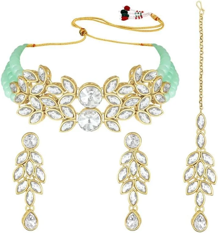 آهلی گردنبند چوکر مروارید کریستالی عروس با گوشواره آویز، ست جواهرات سنتی بالیوودی هندی برای زنان