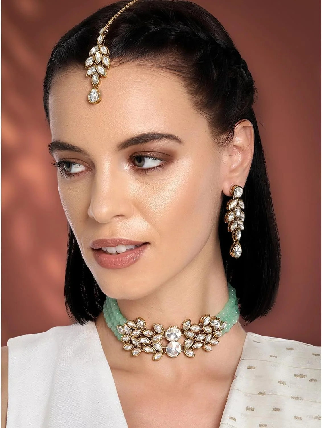 آهلی گردنبند چوکر مروارید کریستالی عروس با گوشواره آویز، ست جواهرات سنتی بالیوودی هندی برای زنان