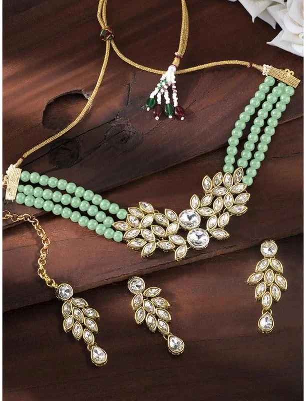 آهلی گردنبند چوکر مروارید کریستالی عروس با گوشواره آویز، ست جواهرات سنتی بالیوودی هندی برای زنان