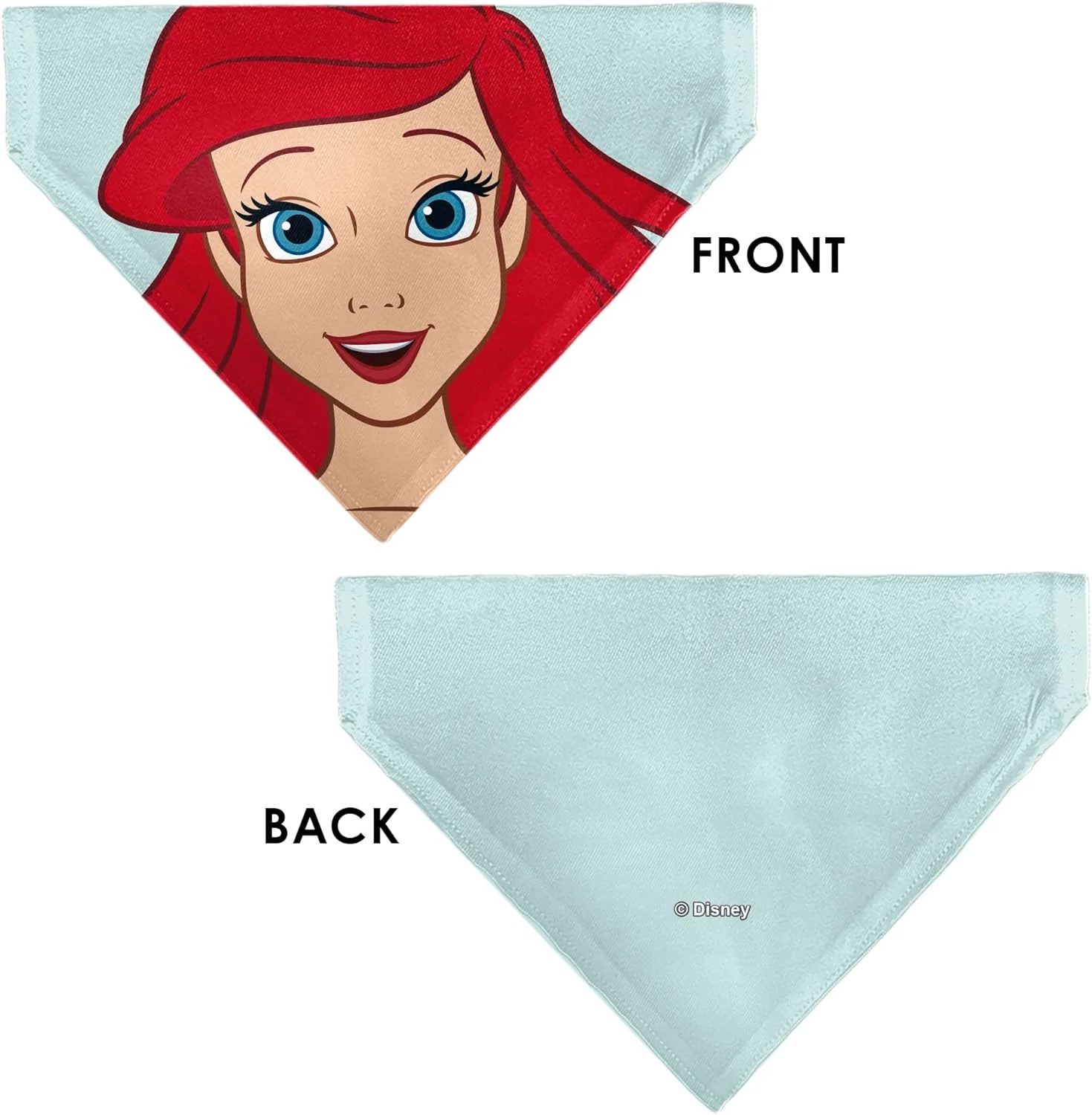 دستمال گردن سگ باکل داون دیزنی طرح پری دریایی آریل، نمای نزدیک صورت، آبی روشن، مدل سُر خوردن روی قلاده دستمال گردن سگ باکل داون دیزنی طرح پری دریایی آریل، نمای نزدیک صورت، آبی روشن، مدل سُر خوردن روی قلاده