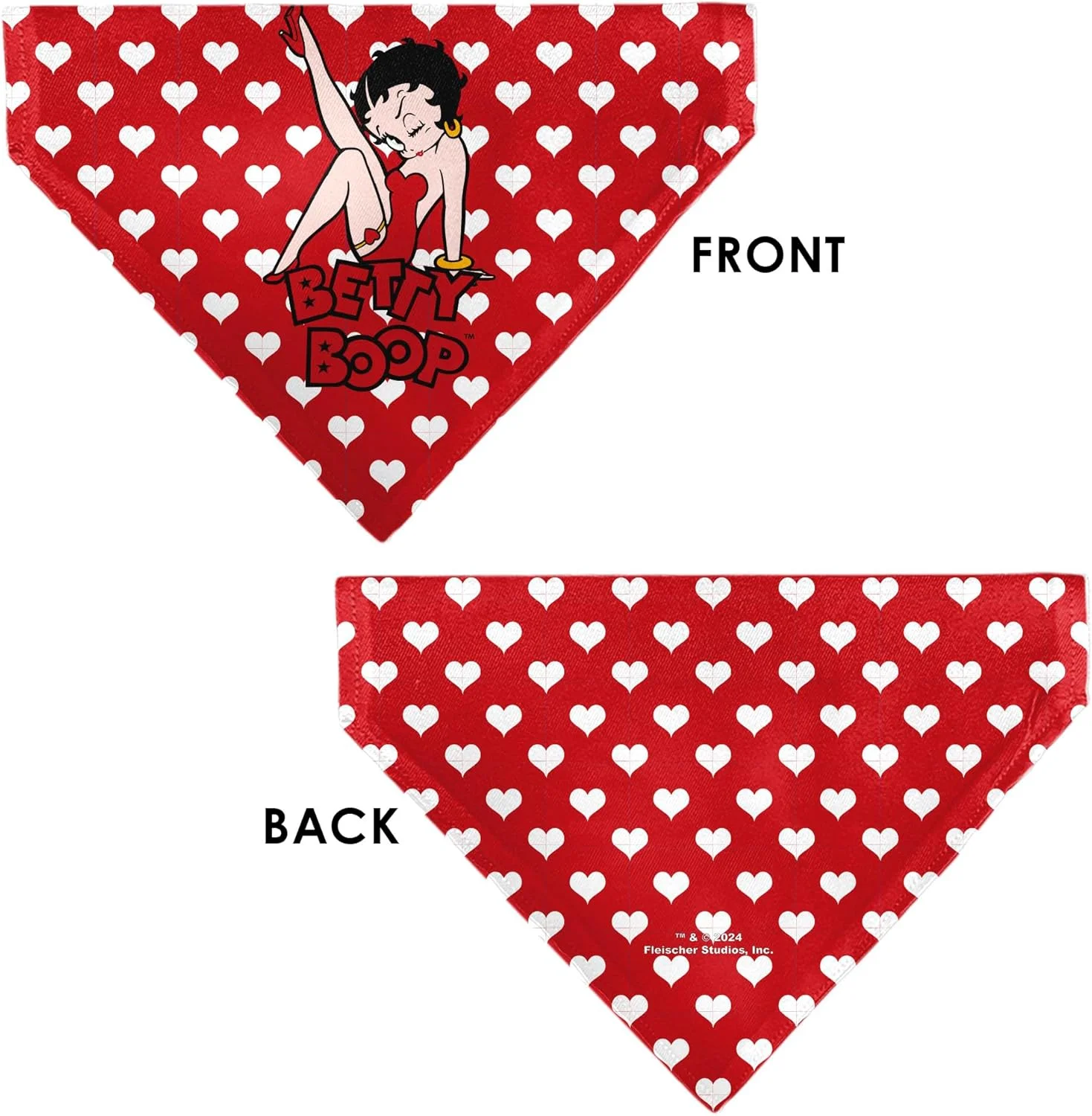 دستمال گردن سگ باکِل-داون بتی بوپ، طرح بتی بوپ نشسته با حالت لگد زدن و قلب های متنی قرمز سفید دستمال گردن سگ باکِل-داون بتی بوپ، طرح بتی بوپ نشسته با حالت لگد زدن و قلب های متنی قرمز سفید