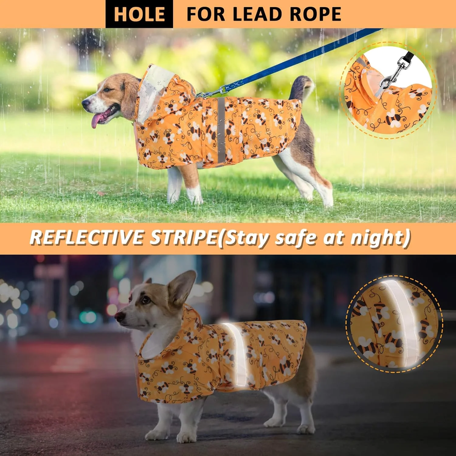 بارانی ضد آب سگ Biurany برای سگ های کوچک و متوسط، کت بازتابنده قابل تنظیم با سوراخ قلاده (زنبورهای نارنجی، L) بارانی ضد آب سگ Biurany برای سگ های کوچک و متوسط، کت بازتابنده قابل تنظیم با سوراخ قلاده (زنبورهای نارنجی، L)