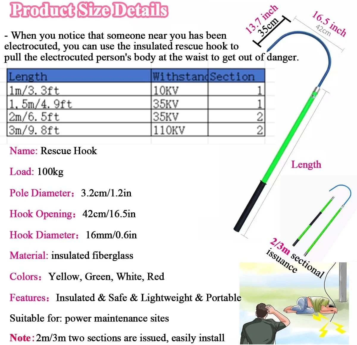 قلاب نجات عایق سبک وزن، میله نجات ولتاژ بالا قابل حمل / میله نجات غریق / کیت نجات / قلاب کشیدن، ابزار نجات تجهیزات الکتریکی اضطراری ولتاژ بالا