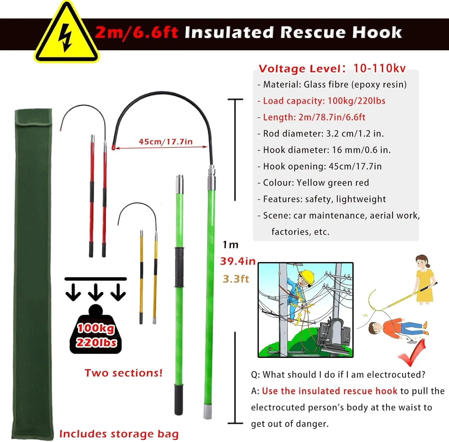 قلاب نجات ولتاژ بالا با میله، قلاب های نجات عایق جداشدنی برای برق گرفتگی اضطراری، میله نجات ایمنی برق