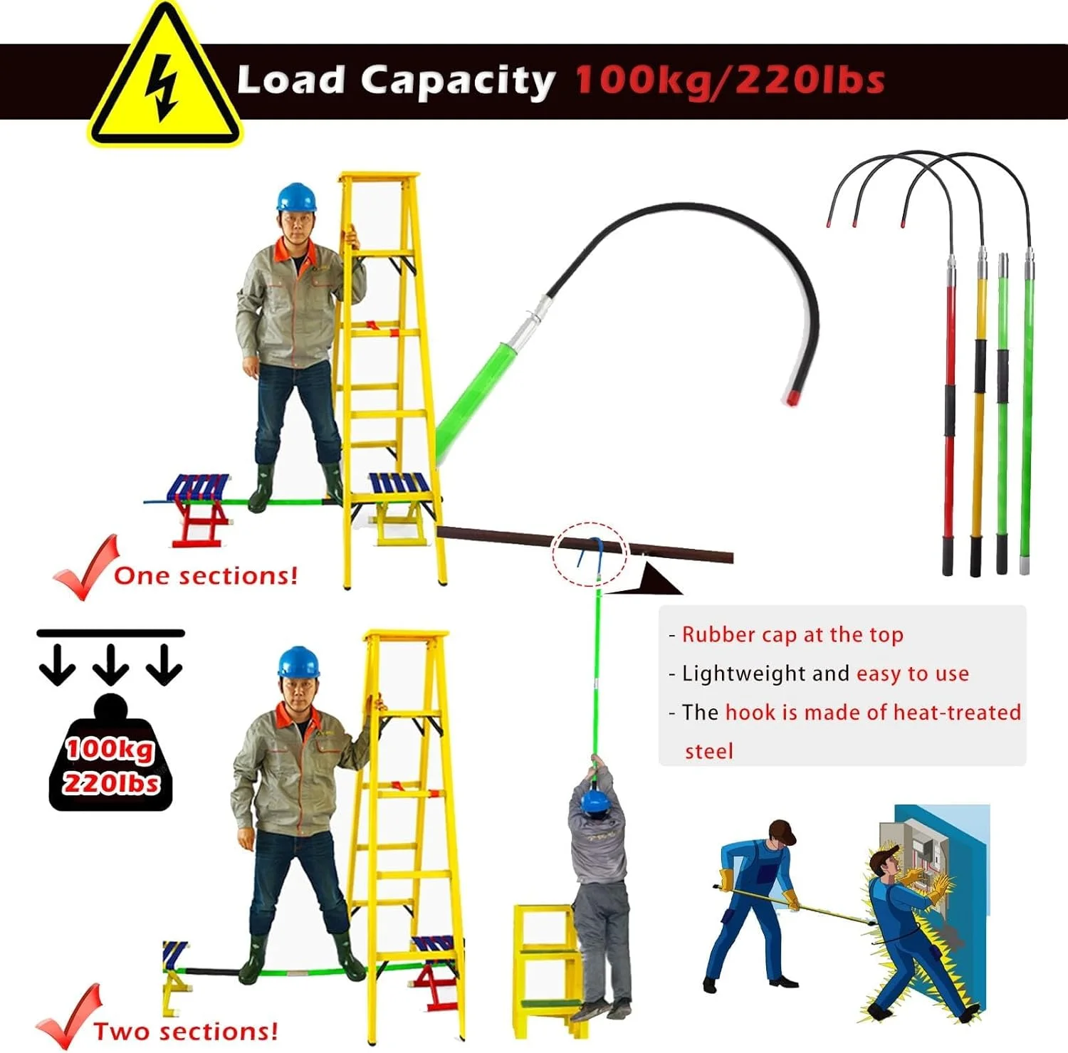 قلاب نجات ولتاژ بالا با میله، قلاب های نجات عایق جداشدنی برای برق گرفتگی اضطراری، میله نجات ایمنی برق