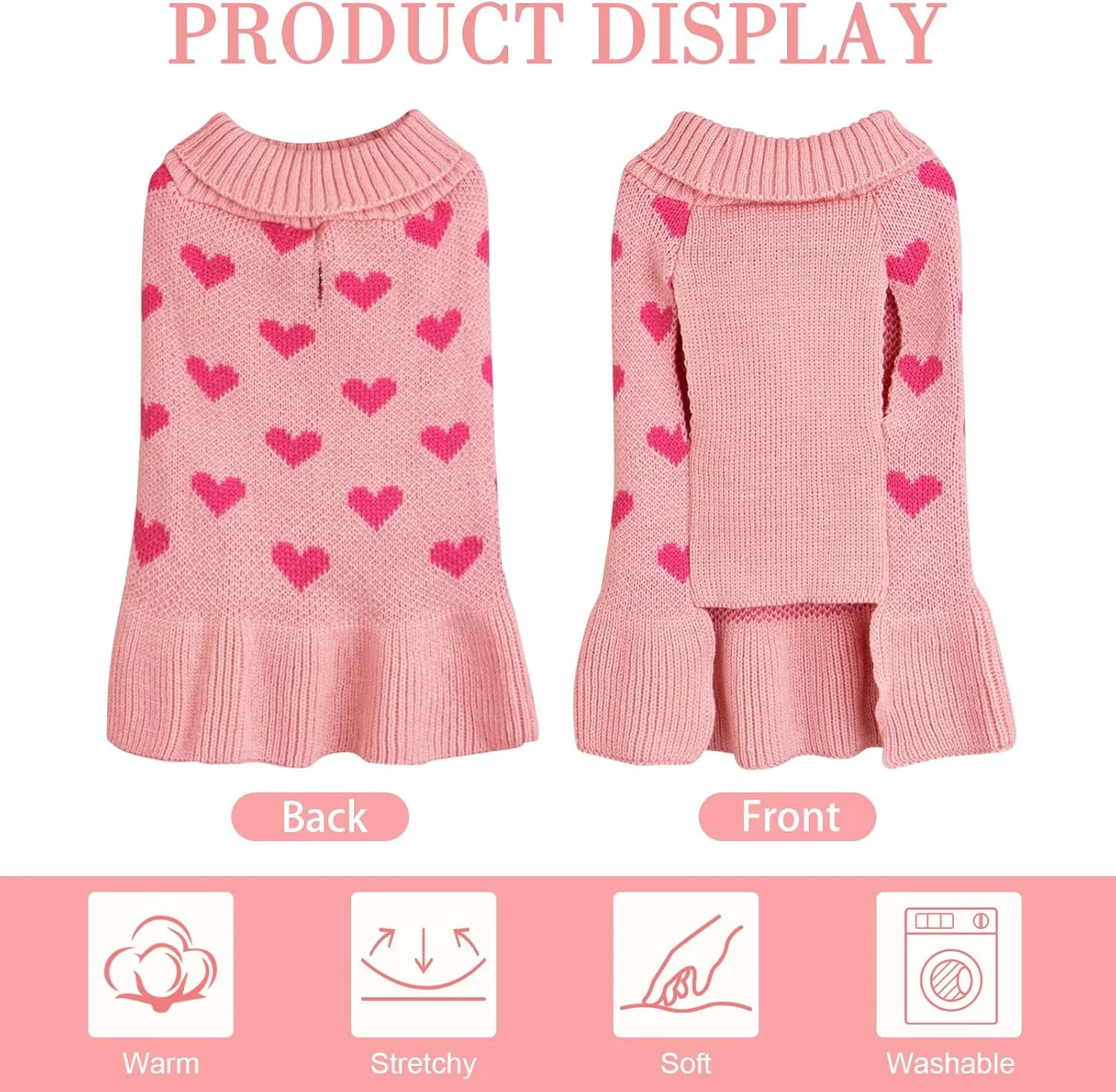 لباس سگ بافتنی Yaopelky با طرح قلب، مناسب روز ولنتاین، لباس گرم سگ یقه اسکی برای سگ ها و گربه های کوچک (صورتی، سایز بزرگ)